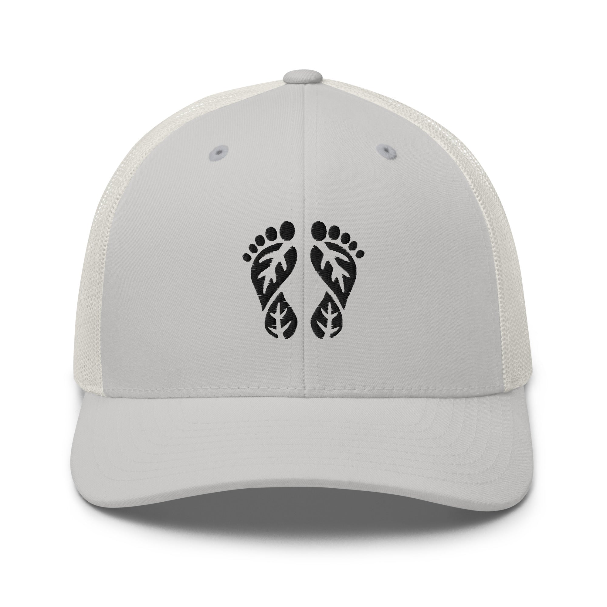 Silver Nature Trucker Hat with 'Natura's Footprints' embroidered logo. A sleek Trucker Hat offering modern style for any journey. Part of our durable Nature Hats.