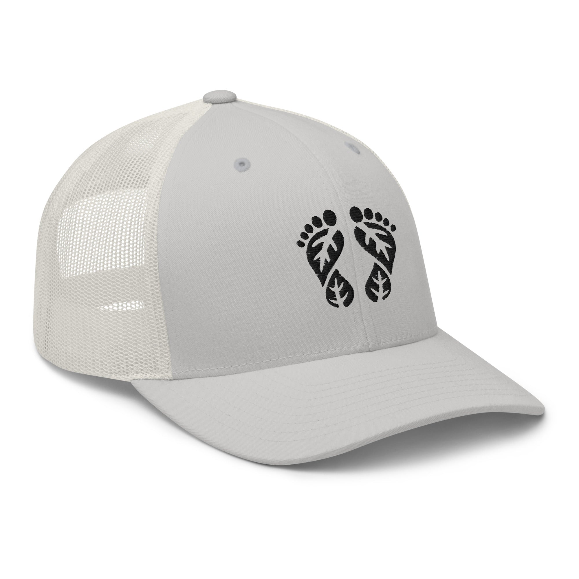 'Natura's Footprints' Silver Trucker Hat: This contemporary Nature Trucker Hat shines on the open road. Find it in our collection of stylish trucker hats.