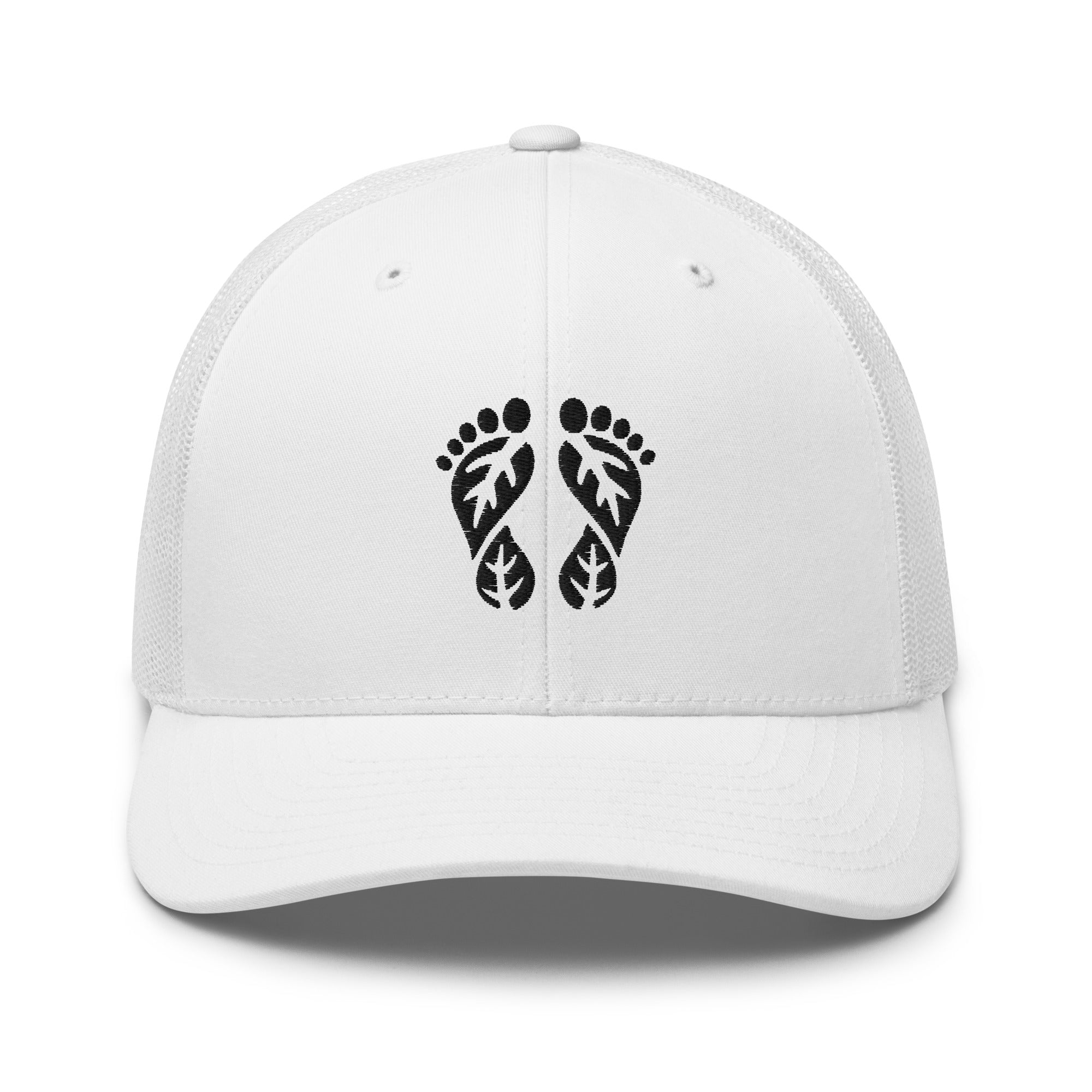 White Nature Trucker Hat featuring 'Natura's Footprints' embroidery. A crisp trucker hat for clear skies and bright adventures. Essential Nature Hats.