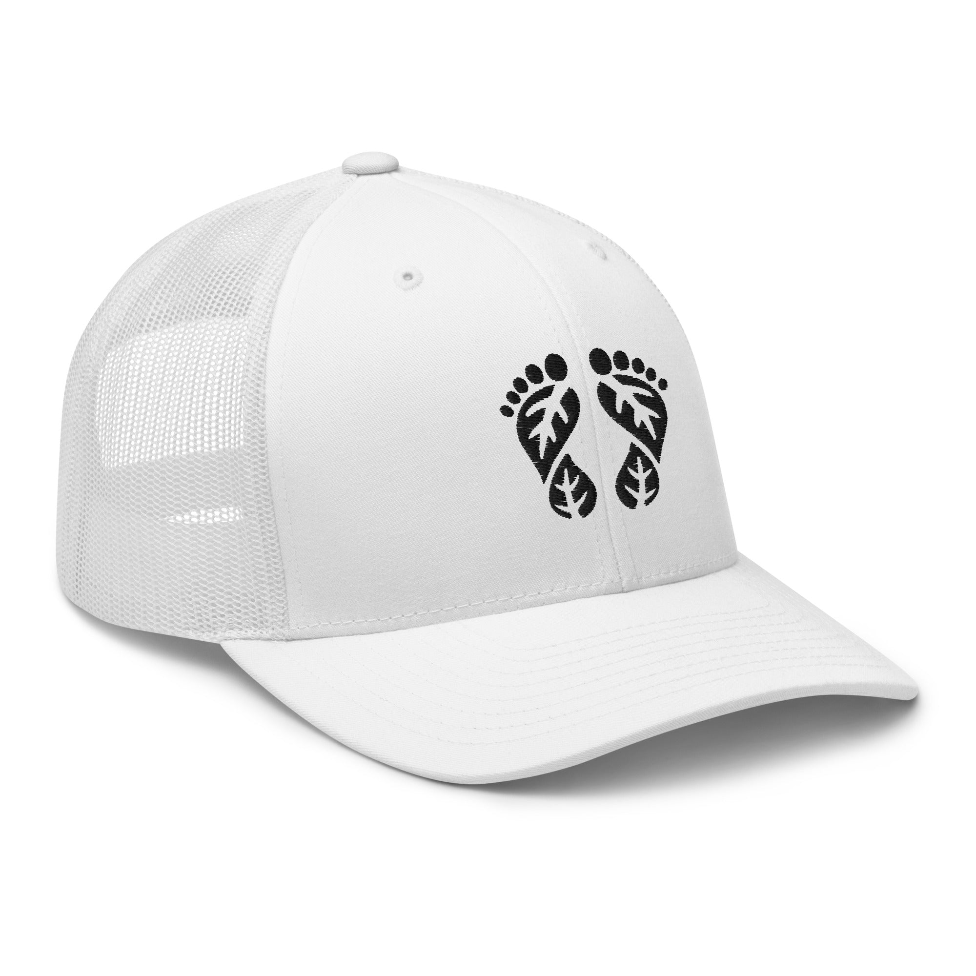 'Natura's Footprints' White Trucker Hat: This clean Nature Trucker Hat offers fresh style. Discover more in our collection of classic trucker hats.