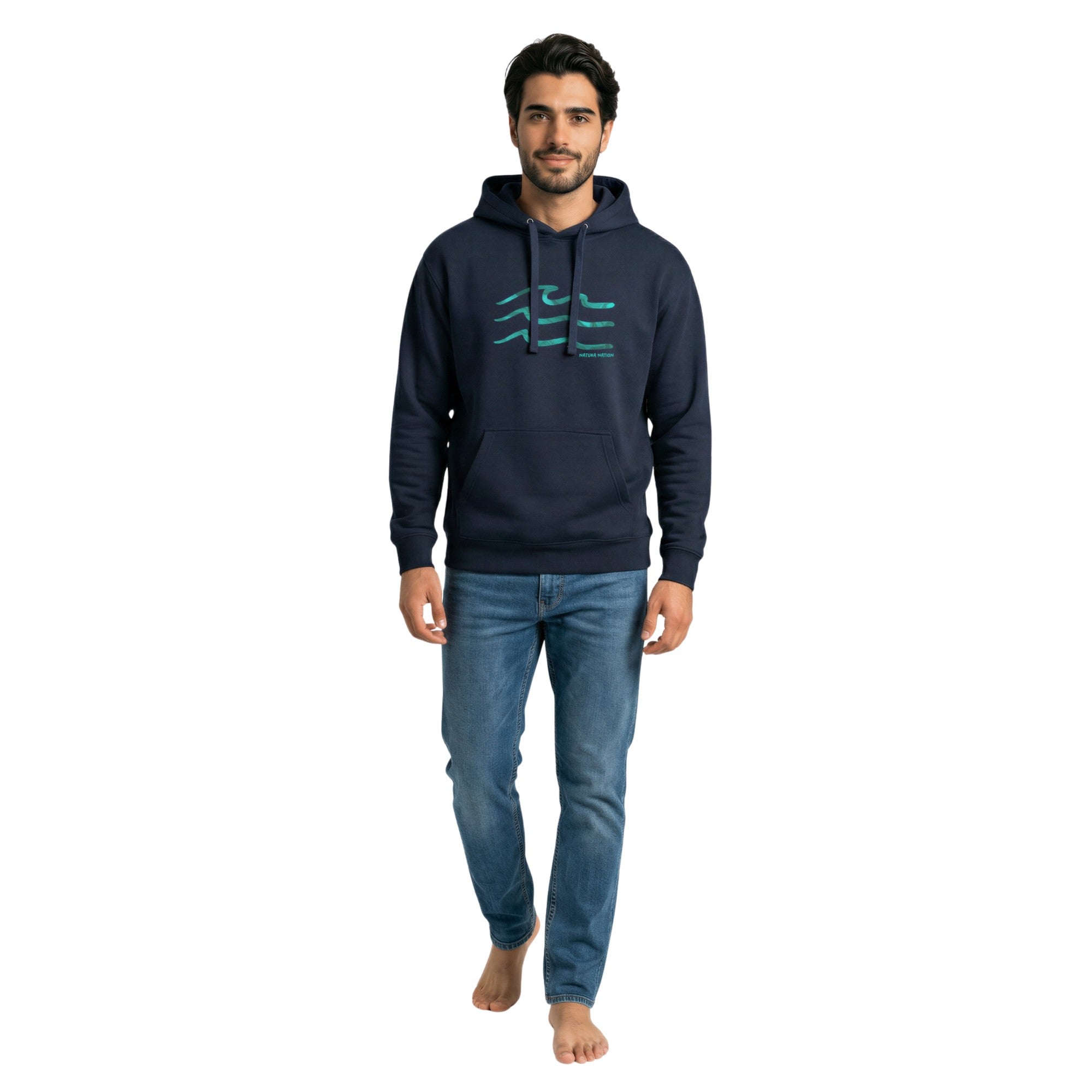 Man wearing a Navy Blazer Ocean Hoodie with the Serenity Waves design. A deep Ocean Clothing piece for tranquil seas made by Natura Nation.