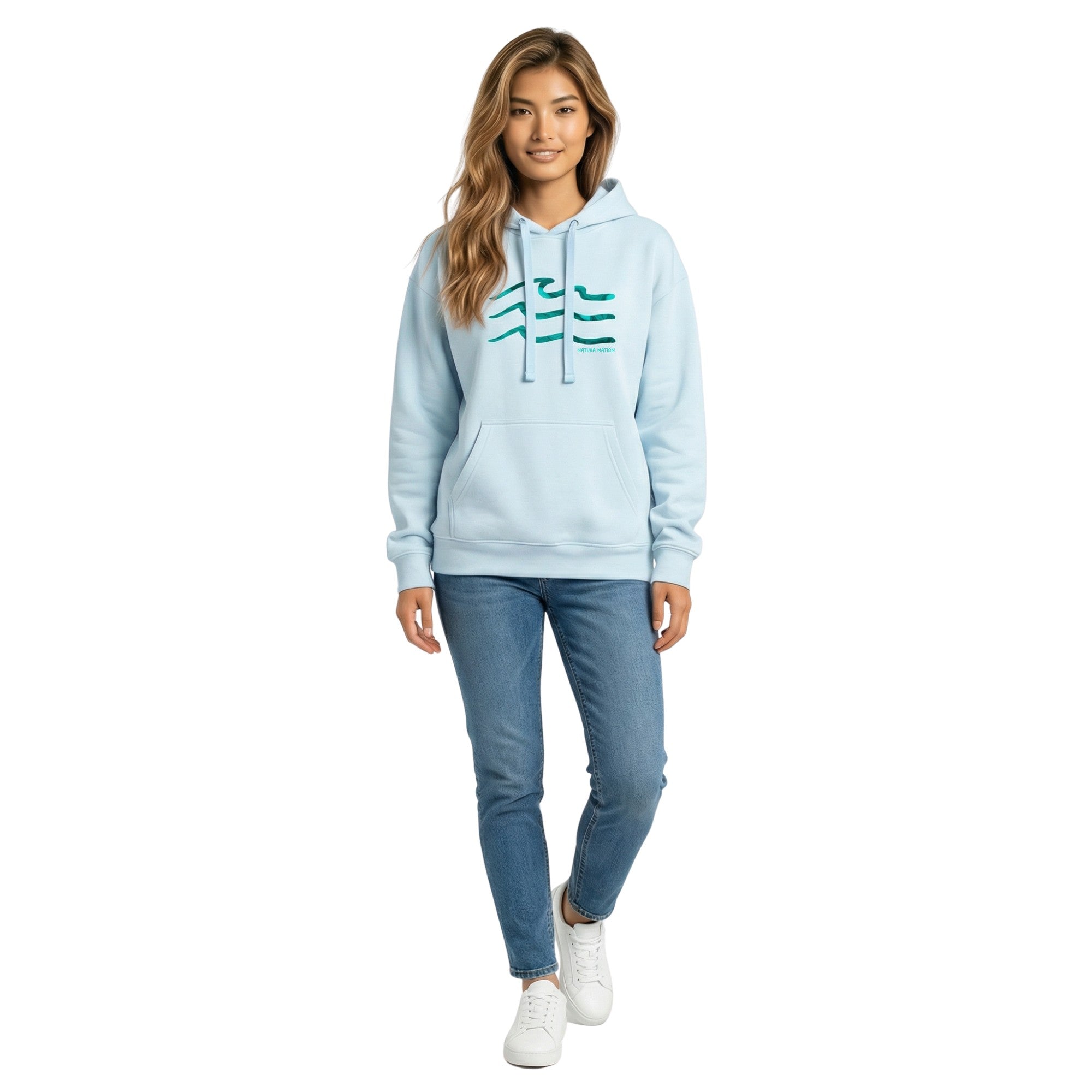 Woman wearing a Sky Blue Ocean Hoodie with the Serenity Waves design. A deep Ocean Clothing piece for tranquil seas made by Natura Nation.