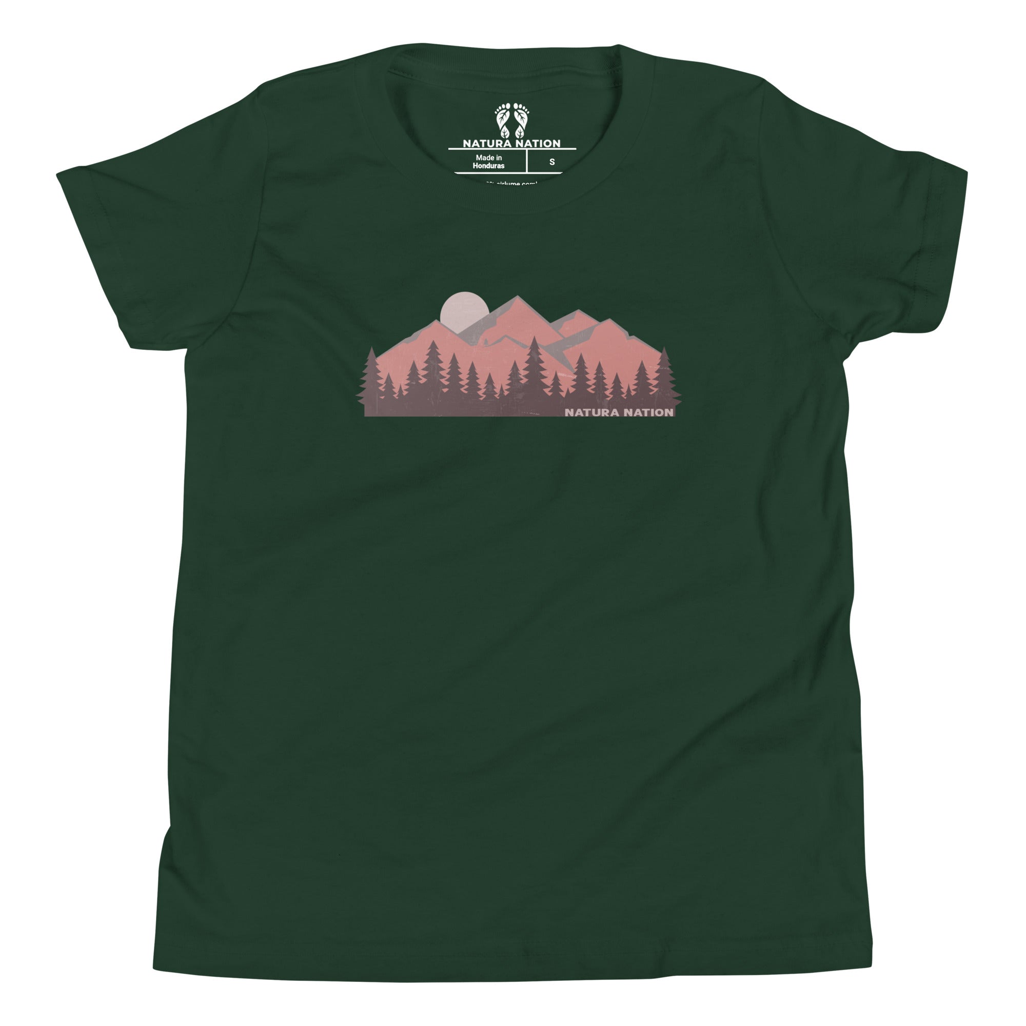 Shirt for teenagers with a mountain silhouette print. A dark green short-sleeve t-shirt with a stylized mountain and pine tree graphic in pink, purple, and gray on the chest, featuring the 'Natura Nation' brand logo printed inside the collar.