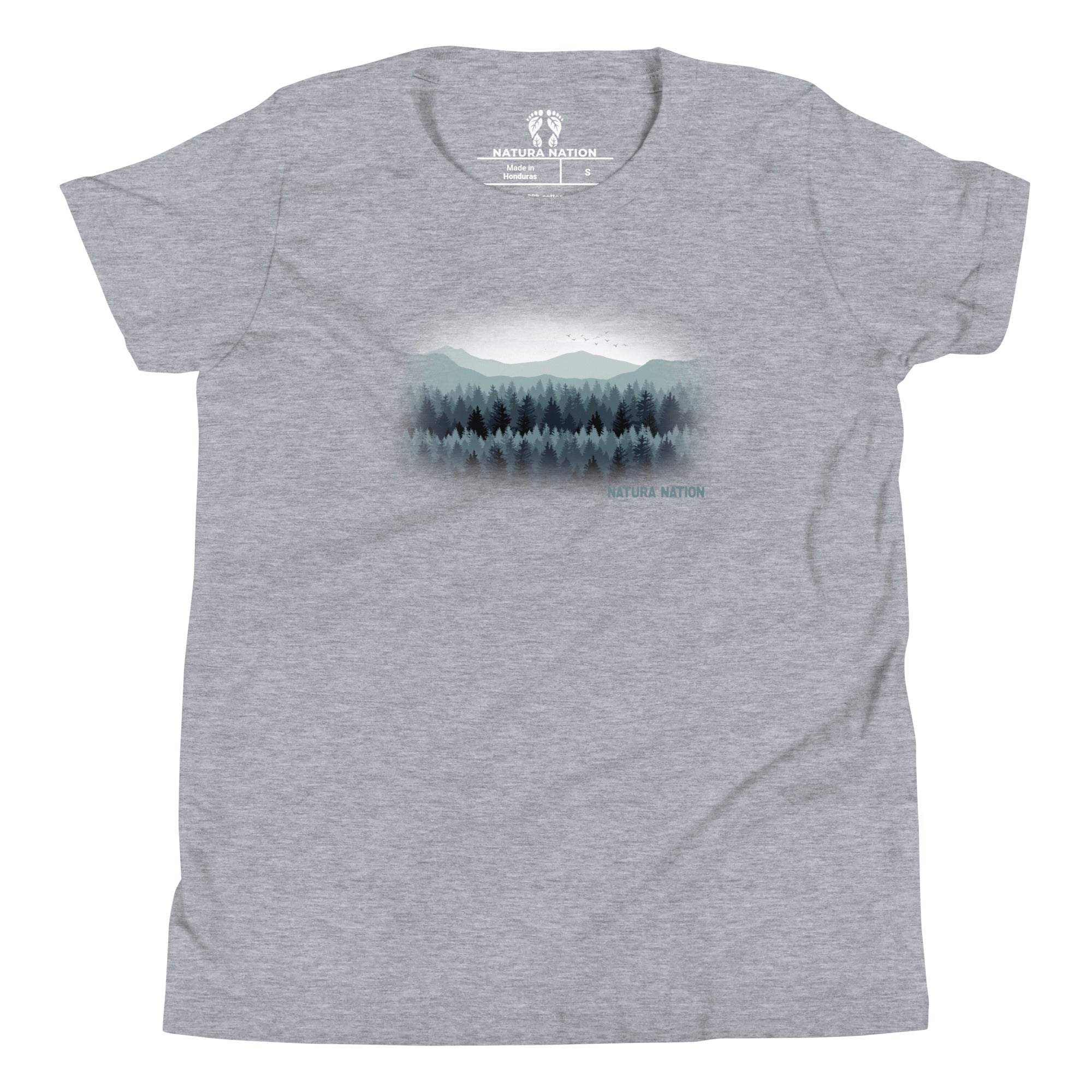 Youth graphic tee featuring pines and peaks