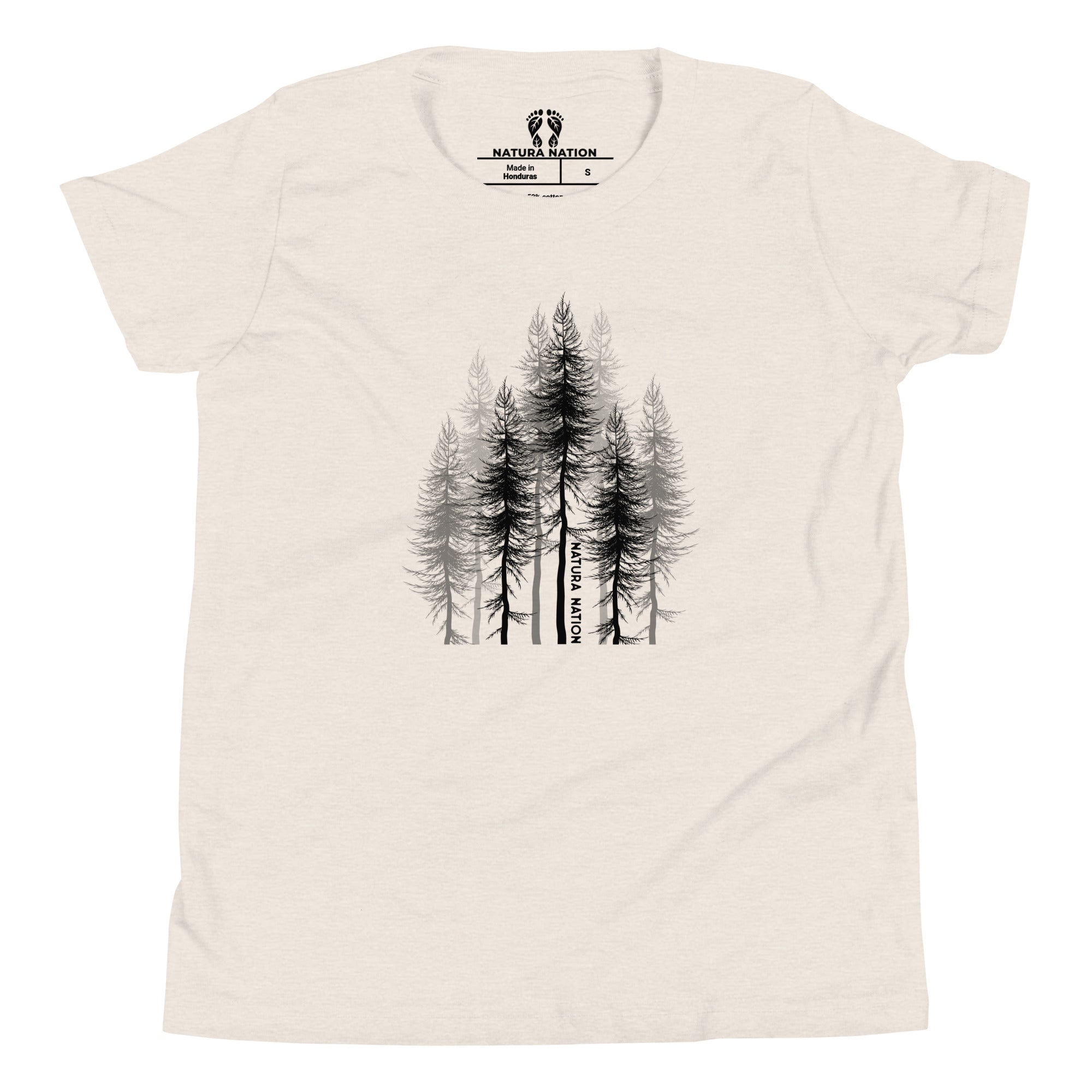 Teen pine trees graphic on a dust-colored t-shirt.