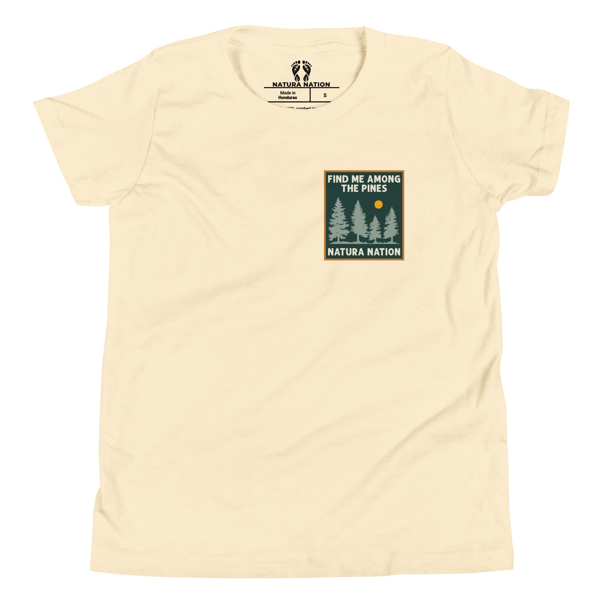 Youth cotton t-shirt with a minimalist pine woods graphic.