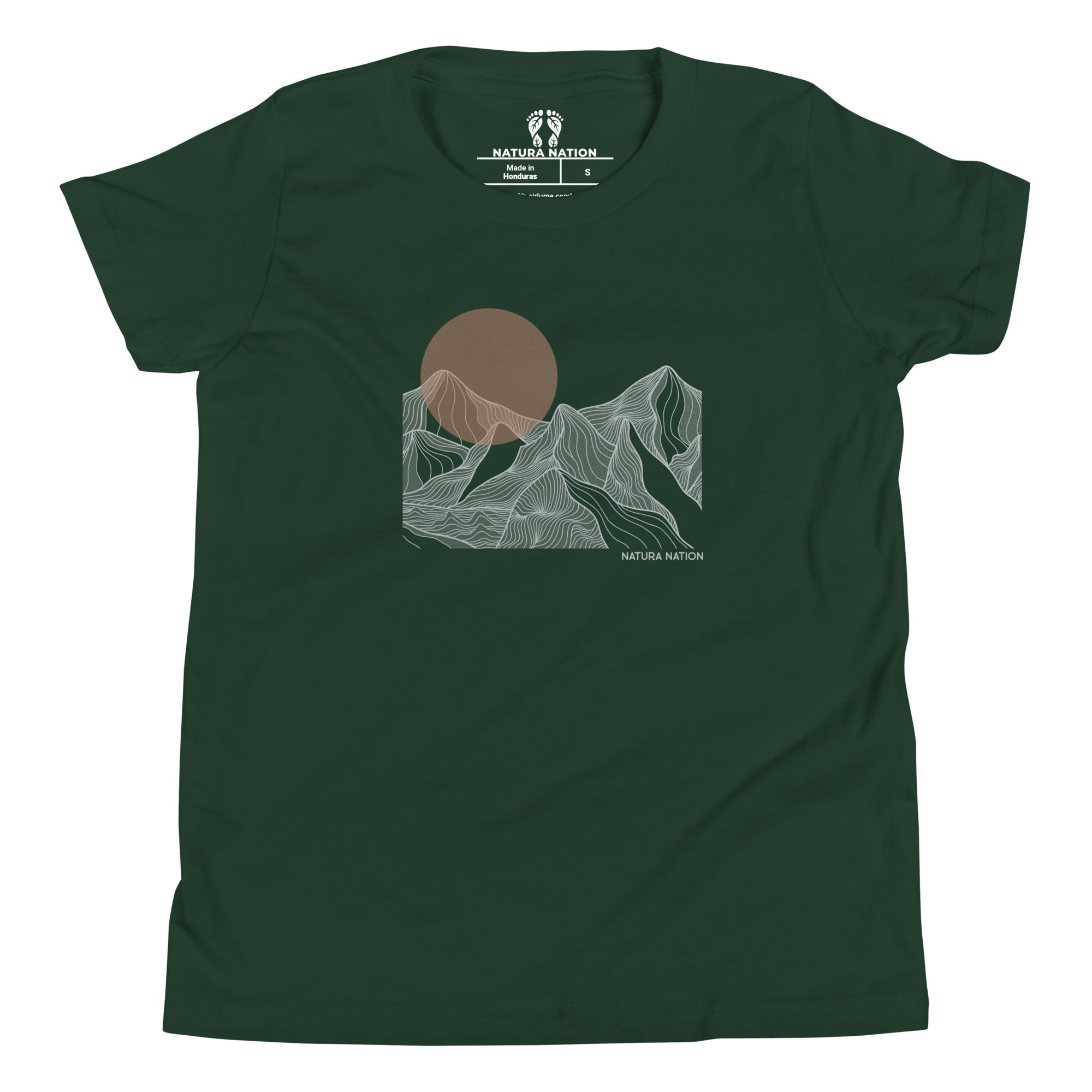 Teens mountain T-shirt with a sun. A dark forest green short-sleeve t-shirt with a minimalist line art graphic of mountains and a sun on the chest, featuring the 'Natura Nation' brand logo printed inside the collar and on the graphic.