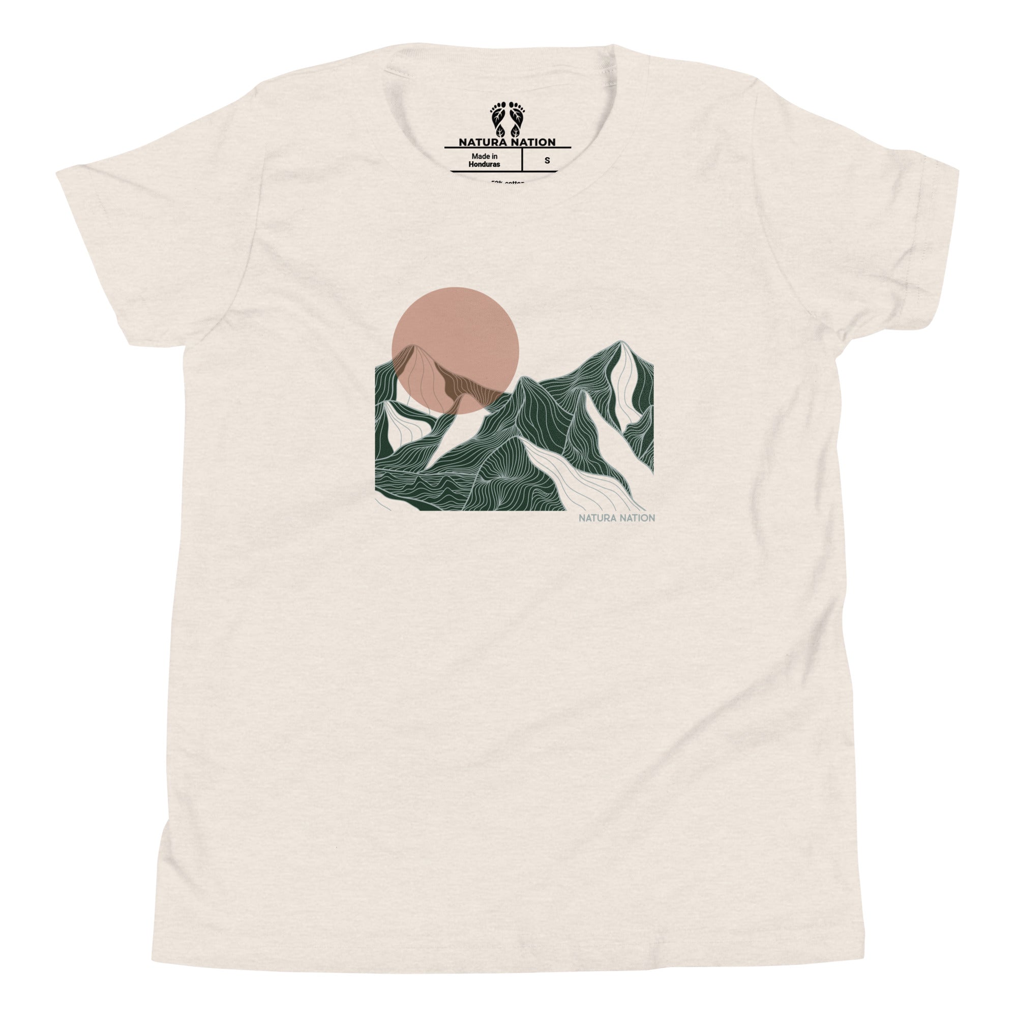 Teen mountain tee with a sunset design. An off-white short-sleeve t-shirt with a graphic print of a minimalist mountain landscape featuring a peach-colored sun and green and white stylized peaks. The brand 'Natura Nation' is printed inside the collar and on the graphic.