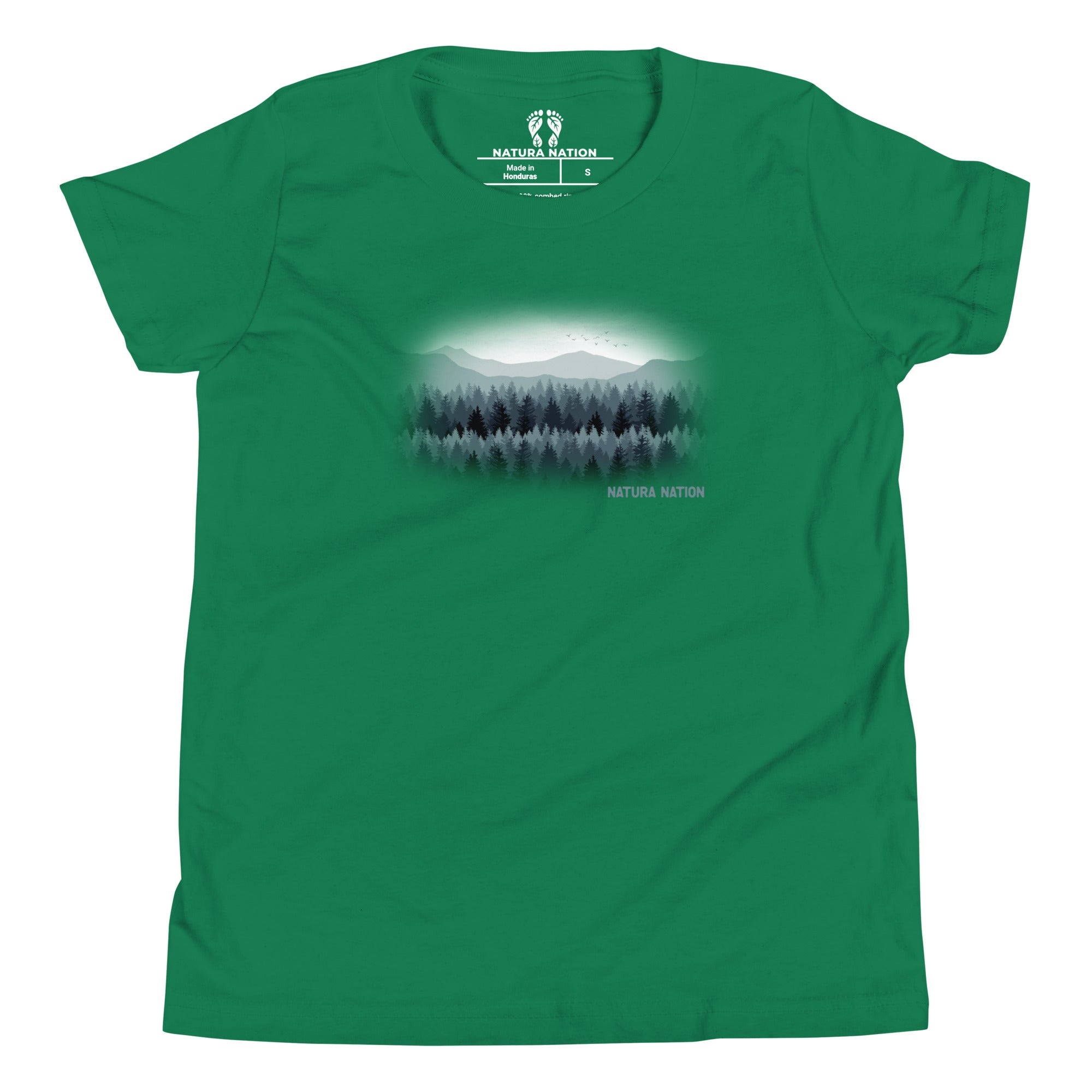 Youth cotton t-shirt with a forest and mountain graphic.