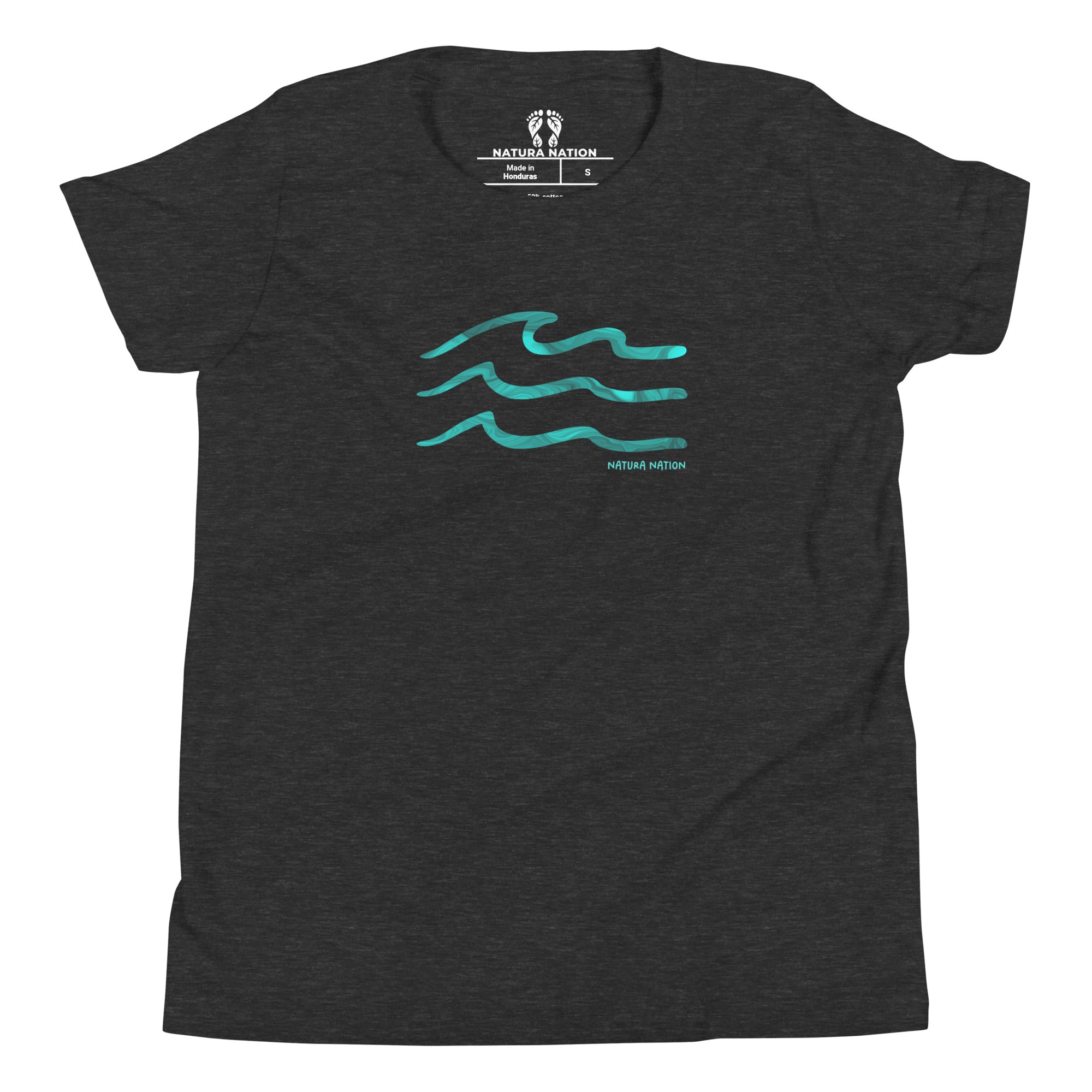 Youth cotton t-shirt with a wave graphic.