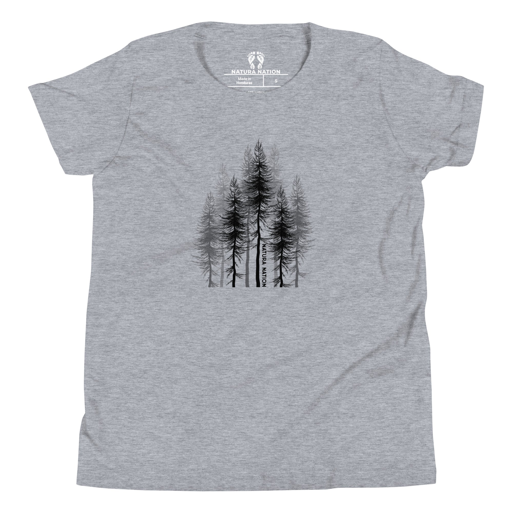 A soft, heather gray short-sleeve t-shirt for teens, youth, and kids with a black graphic of four pine trees on the center chest, displayed flat against a white background.