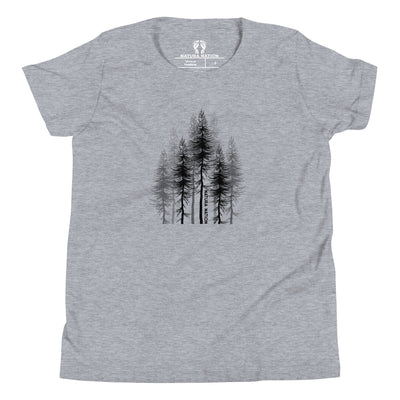A soft, heather gray short-sleeve t-shirt for teens, youth, and kids with a black graphic of four pine trees on the center chest, displayed flat against a white background.