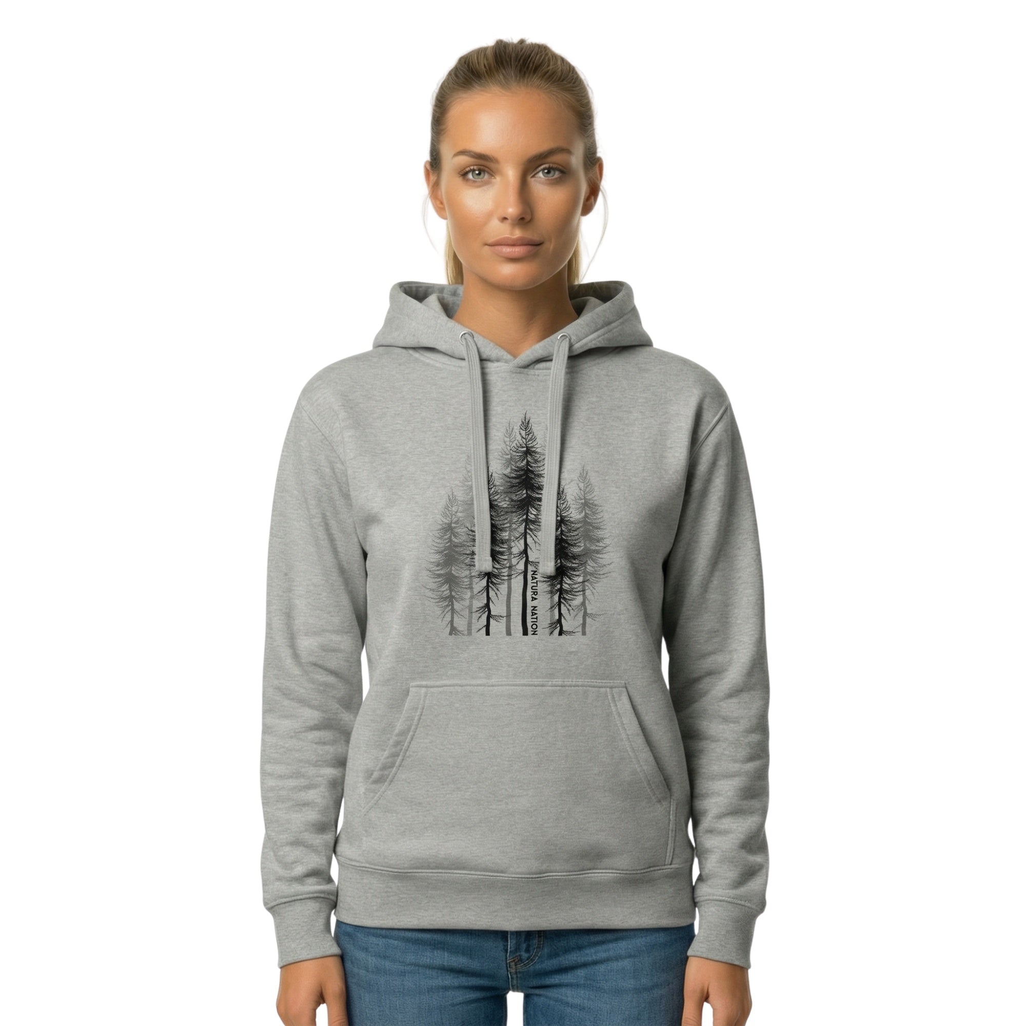 Women wearing a grey-colored Trees hoodie. A fresh and vibrant Pines hoodie for nature enthusiasts. Soft, cozy, durable, and adventure-ready for nature clothing lovers, made by Natura Nation.