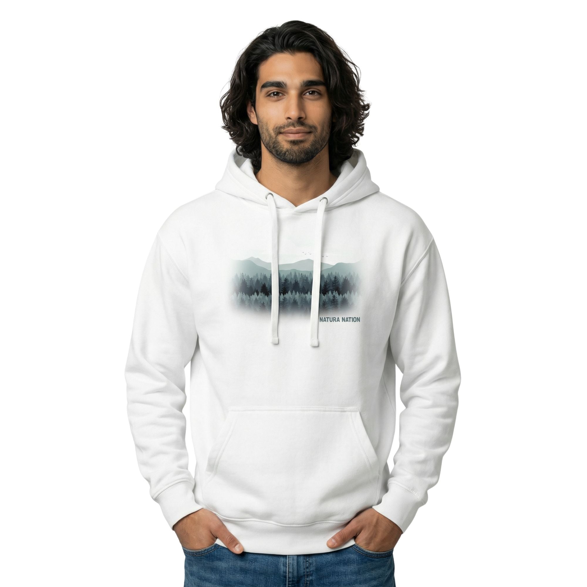 A man wearing a Sky Blue Tree hoodie with a 'Pines and Peaks Harmony' graphic, a vibrant piece of Trees Clothing by Natura Nation.