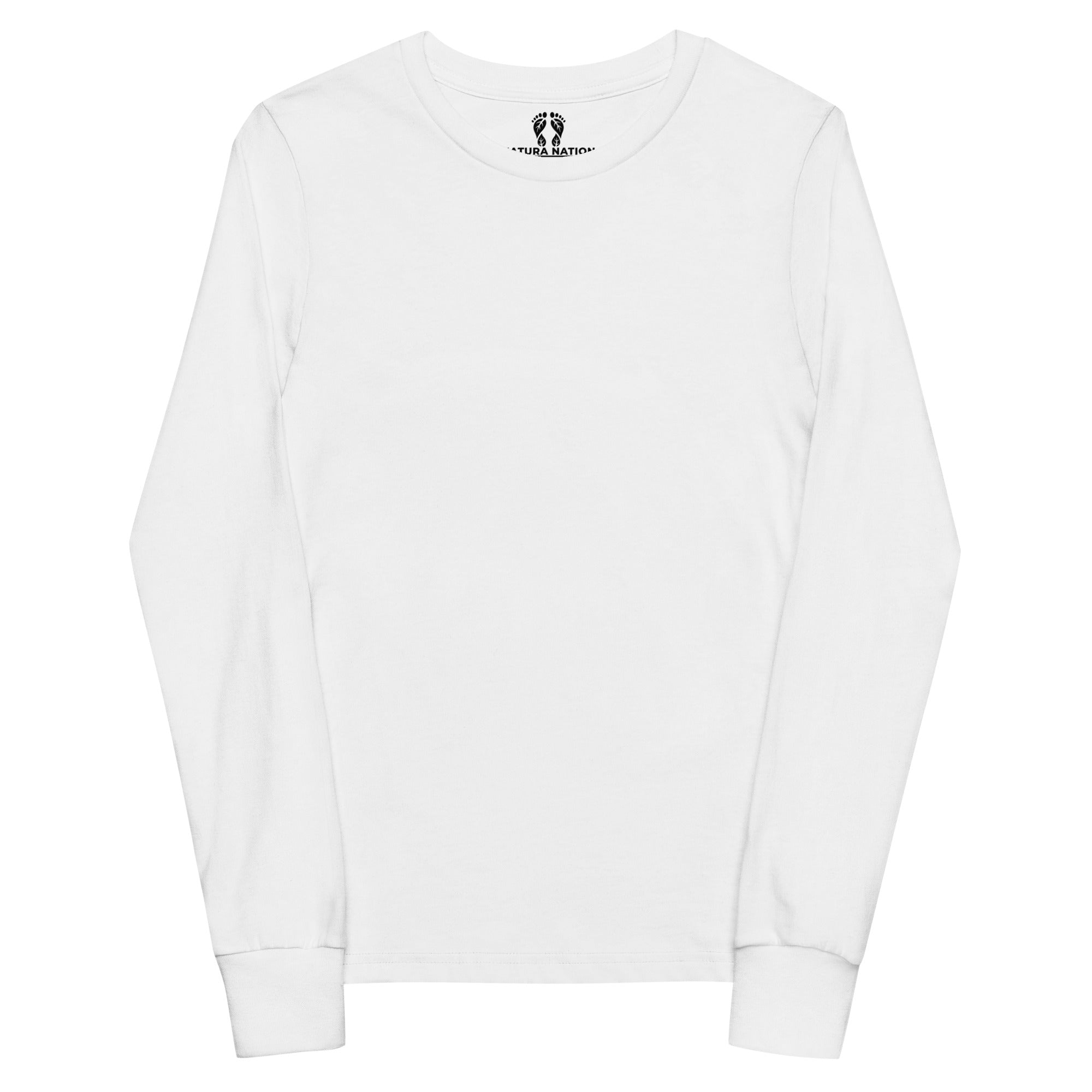 A white long-sleeve crewneck shirt with a small black graphic logo printed inside the collar, displayed on a clean white background. Kids graphic long sleeve T-shirt with a clean, plain front view.