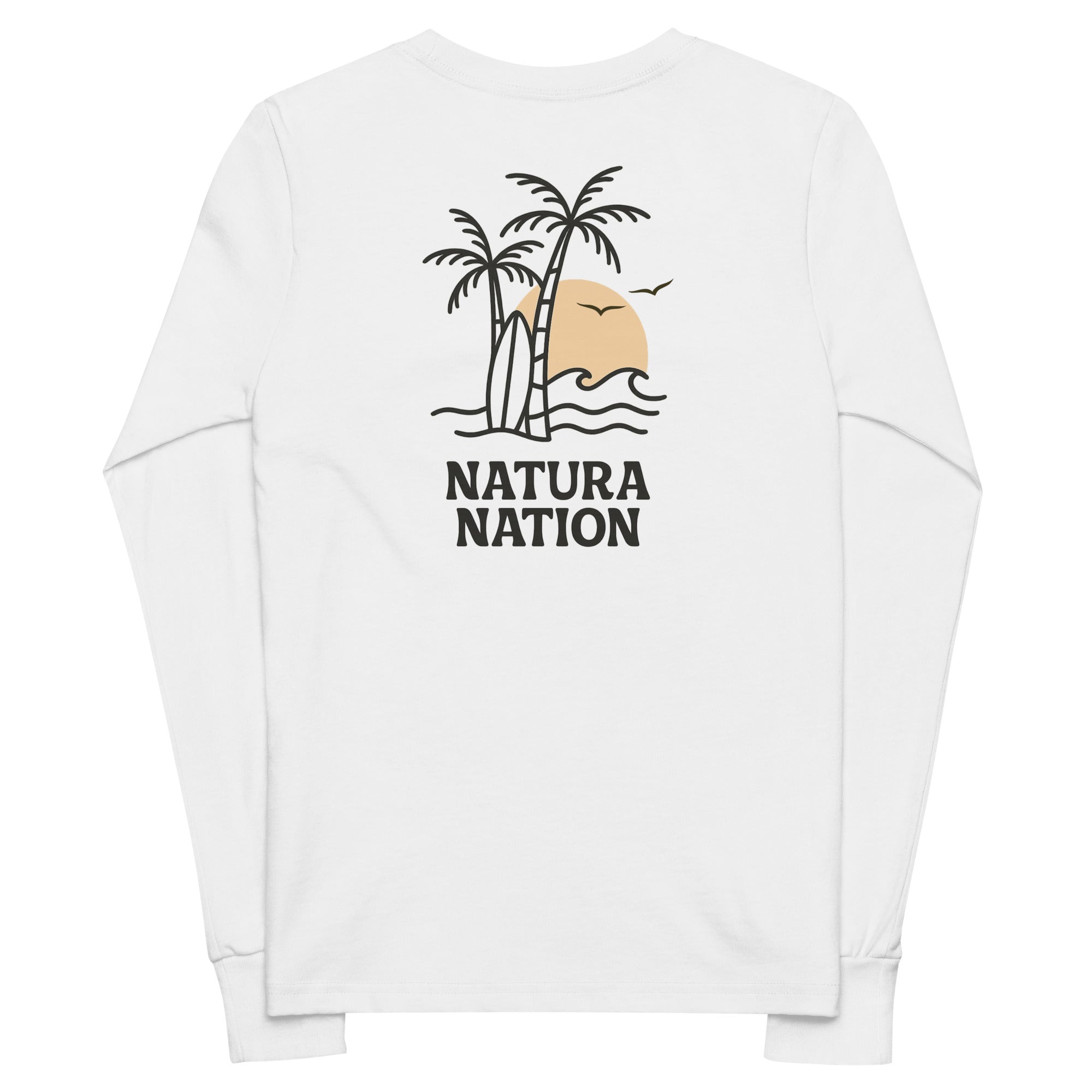 A white long-sleeve t-shirt with a graphic on the front depicting two palm trees, a surfboard, a beach sunset, and the text 'NATURA NATION'. Long sleeve ocean tee for teens with a tropical back print, palms and waves.