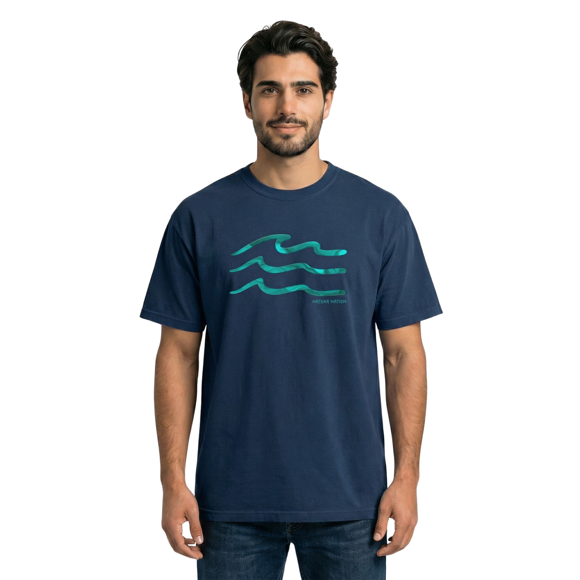Man wearing a true navy Ocean T-Shirt featuring the Serenity Waves design. A deep Ocean Clothing piece for calm waters, made by Natura Nation.