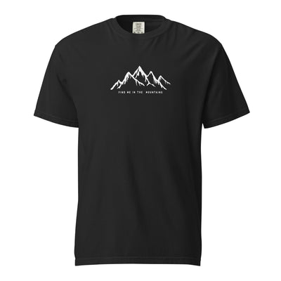 Black Mountain T-Shirt with 'Find Me In The Mountains' design. Perfect mountain clothing for bold explorers.