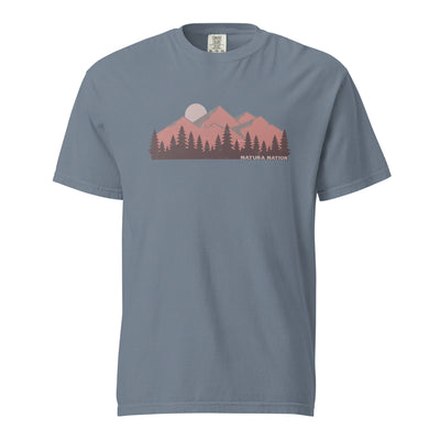 Blue Jean Mountain T-shirt with 'Majestic Mountain Peaks' design. A sturdy piece of Mountain Clothing for casual comfort.
