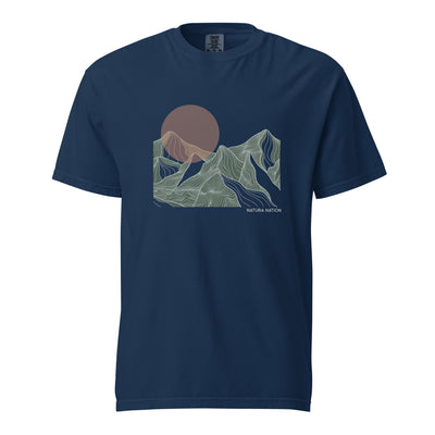 Navy Mountain Shirt with the 'Mountain Glow' design. A deep piece of Mountain Clothing for enduring style.