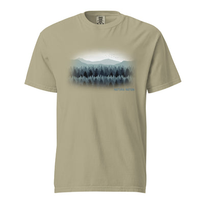 Khaki Tree Shirt with 'Pines and Peaks Harmony' design, a versatile piece of Trees Clothing.
