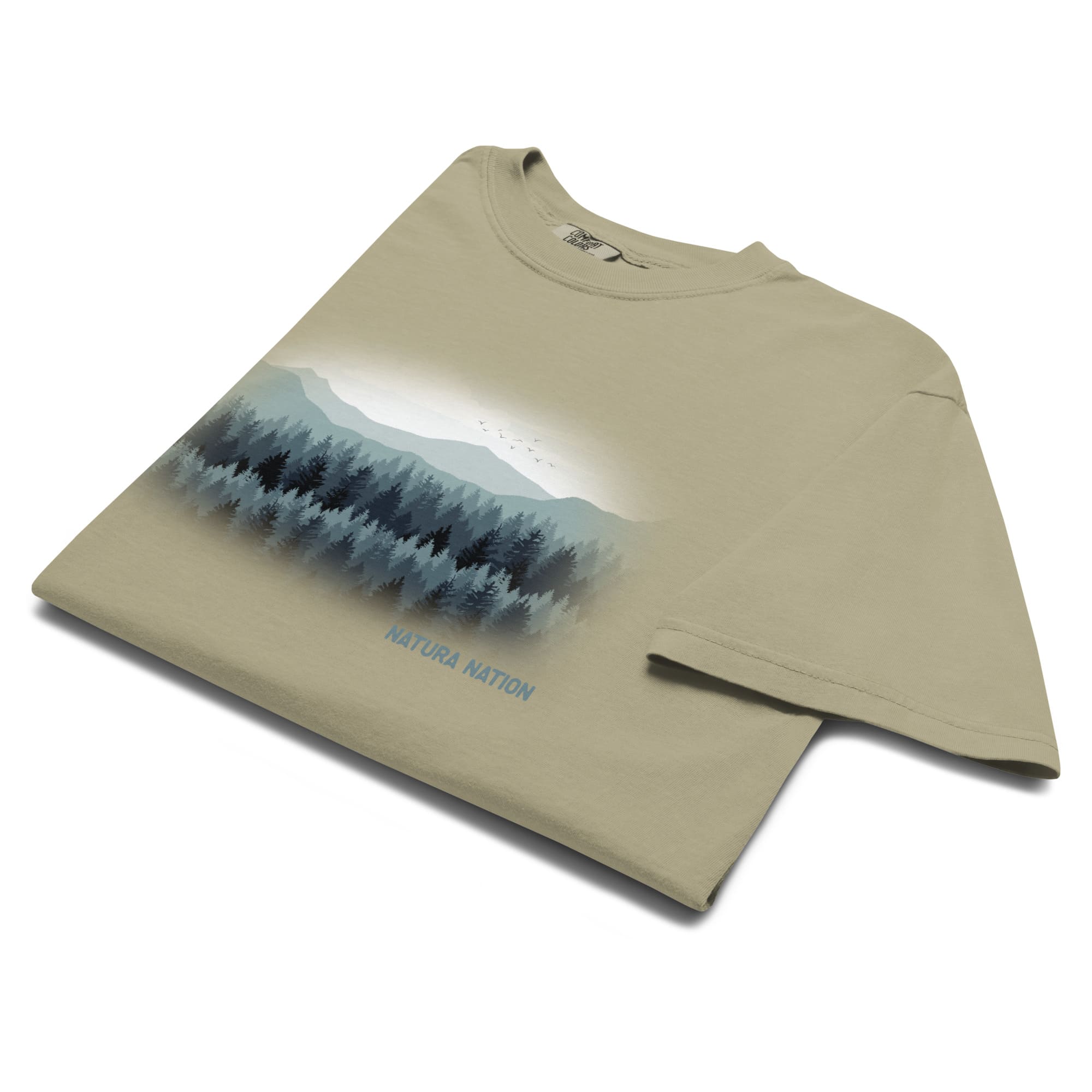 Khaki tree T-shirt with 'Pines and Peaks Harmony' design, a versatile piece of the tree clothing collection by Natura Nation.