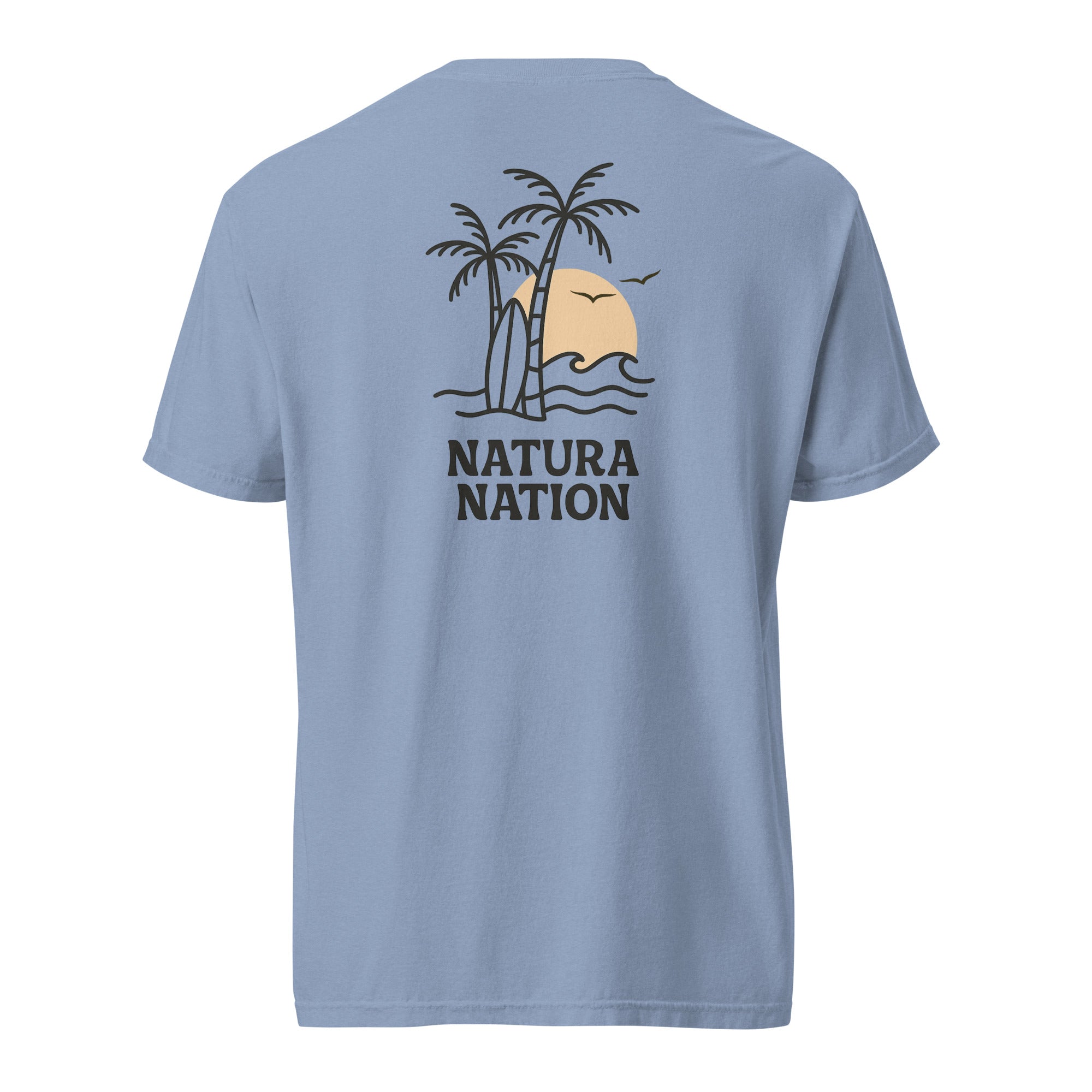 Washed Denim Ocean T-Shirt featuring the 'Tropical Dreams' design. A laid-back Ocean Clothing piece for casual comfort.