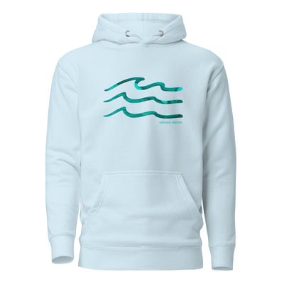 Sky Blue Ocean Hoodie featuring the 'Serenity Waves' design. A light Ocean Clothing piece for calm, clear days.