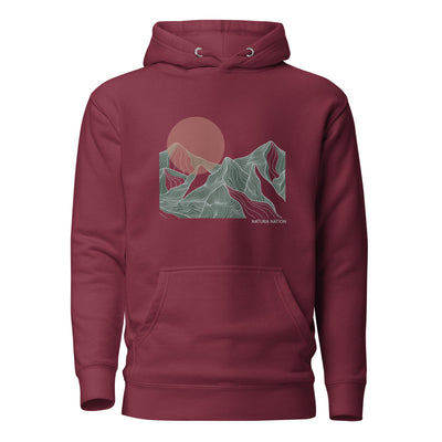Maroon Mountain Hoodie featuring the 'Mountain Glow' design. A rich piece of Mountain Clothing for cozy adventures.