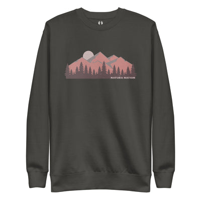 Vintage Black Mountain Print Sweatshirt featuring the 'Majestic Mountain Peaks' design. A timeless piece of Mountain Clothing for rugged style.