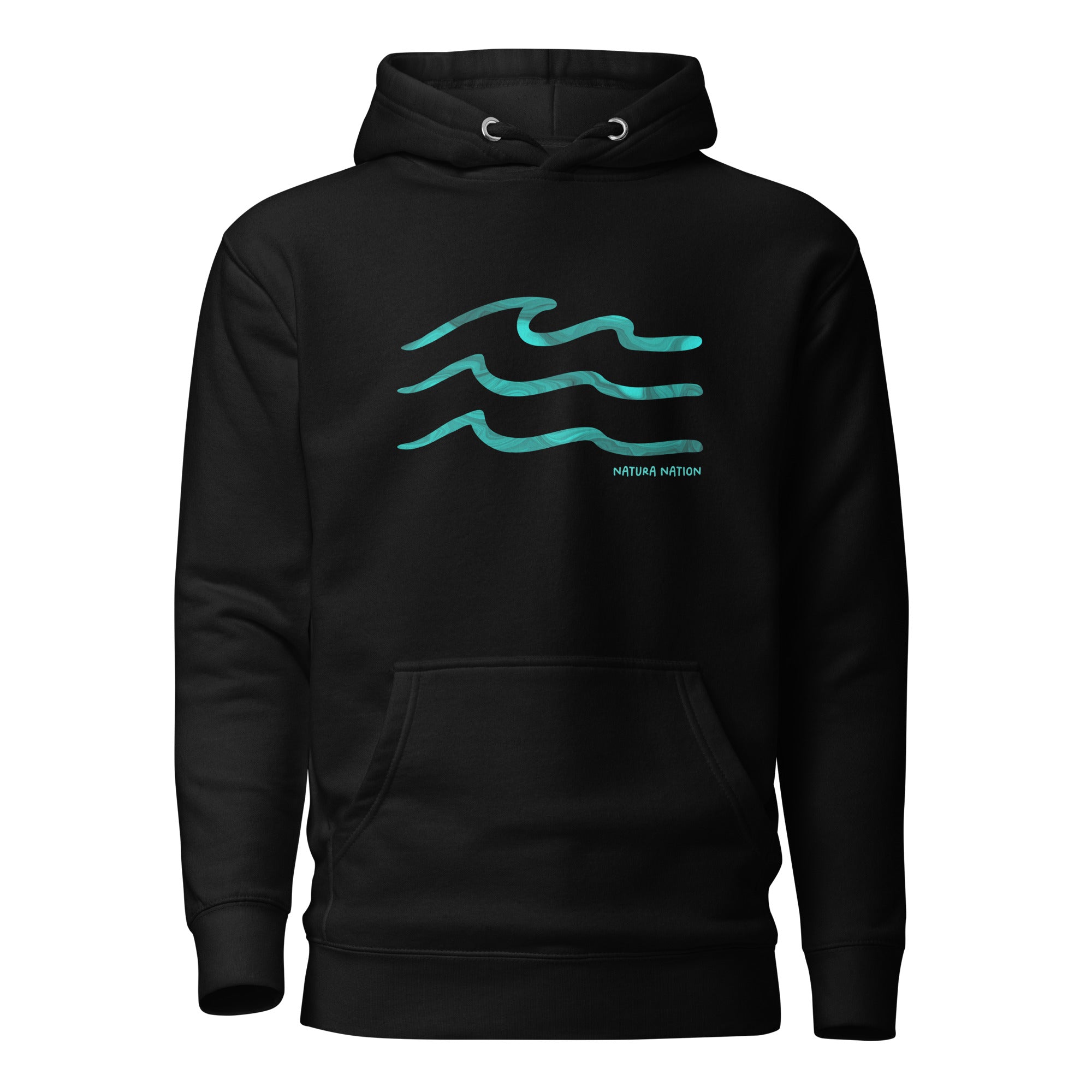 Black Ocean Hoodie featuring the 'Serenity Waves' design. A sleek piece of Ocean Clothing for calm adventures.