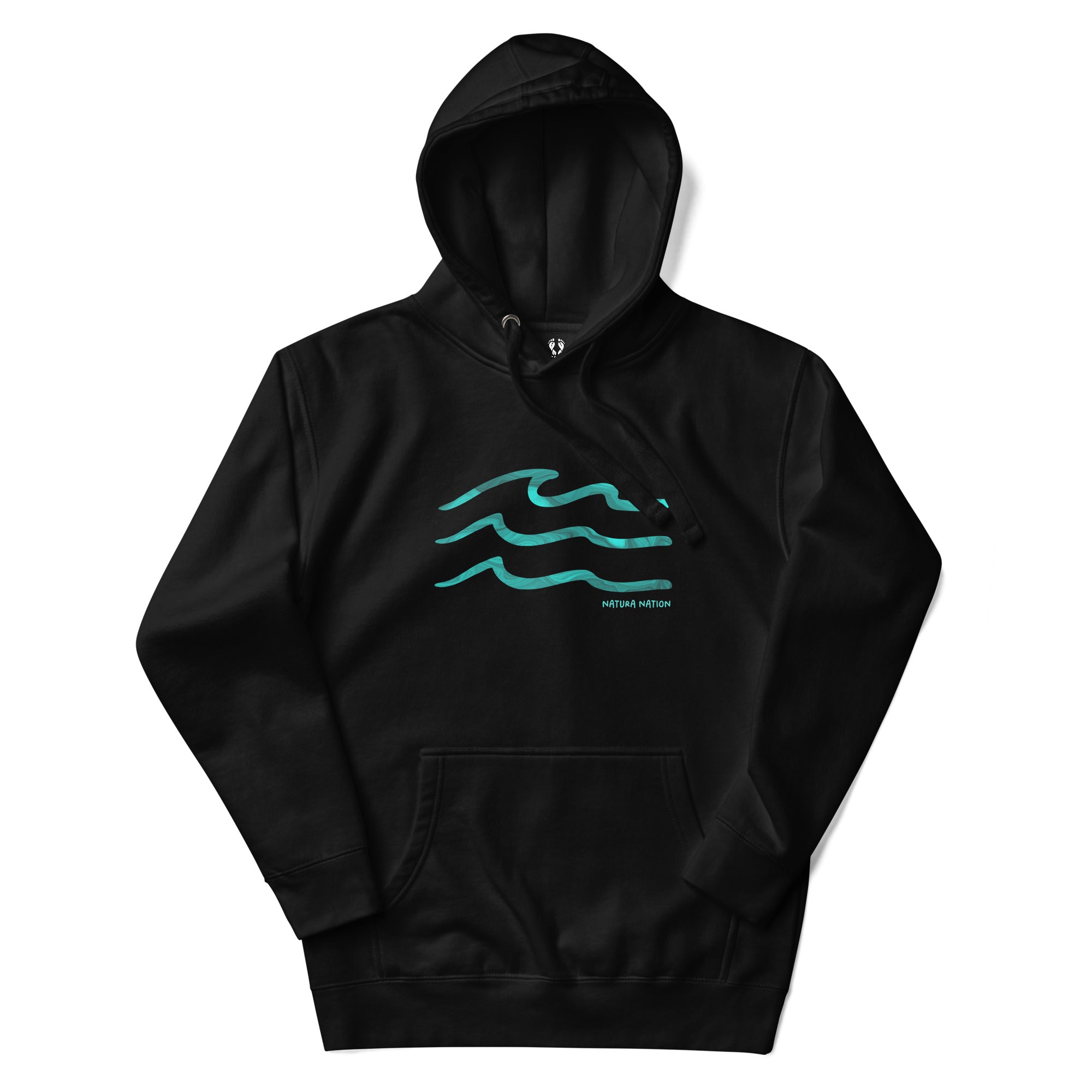 'Serenity Waves' Black Nature Hoodie: Your versatile Nature Clothing choice for timeless coastal comfort.