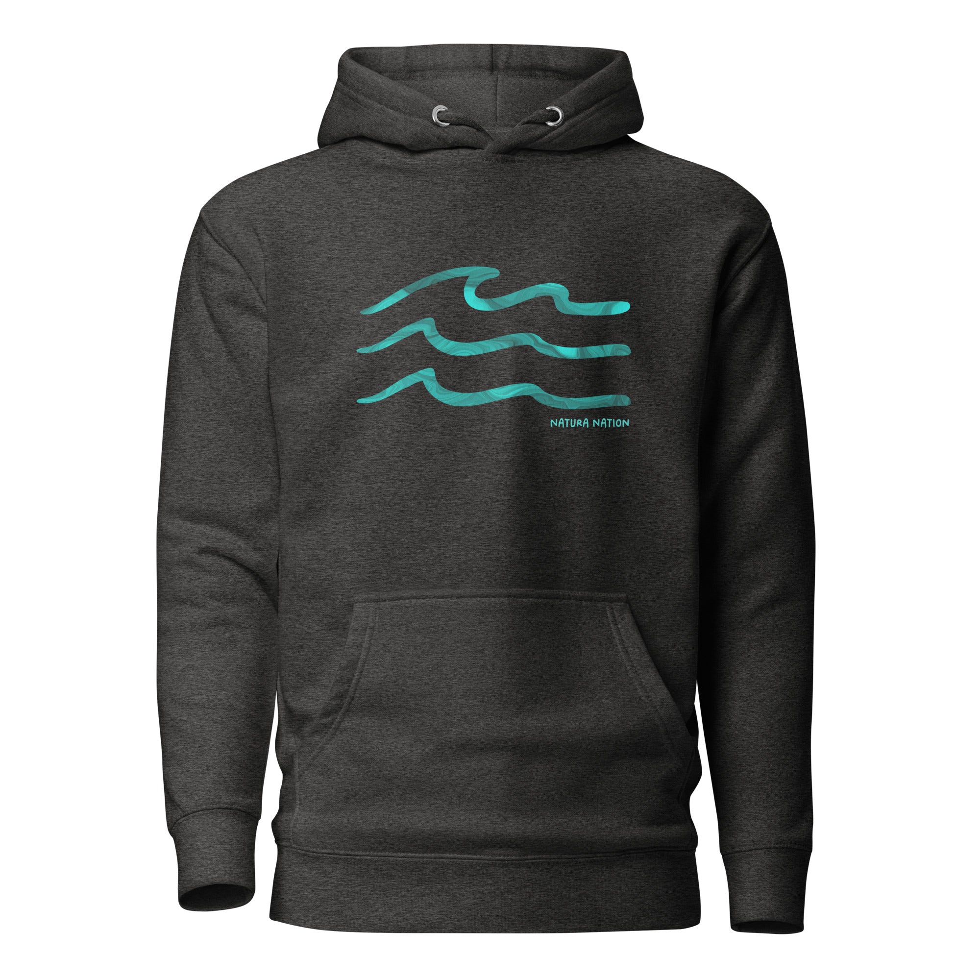 Charcoal Heather Ocean Hoodie featuring the 'Serenity Waves' design. A cozy piece of Ocean Clothing for relaxed comfort.