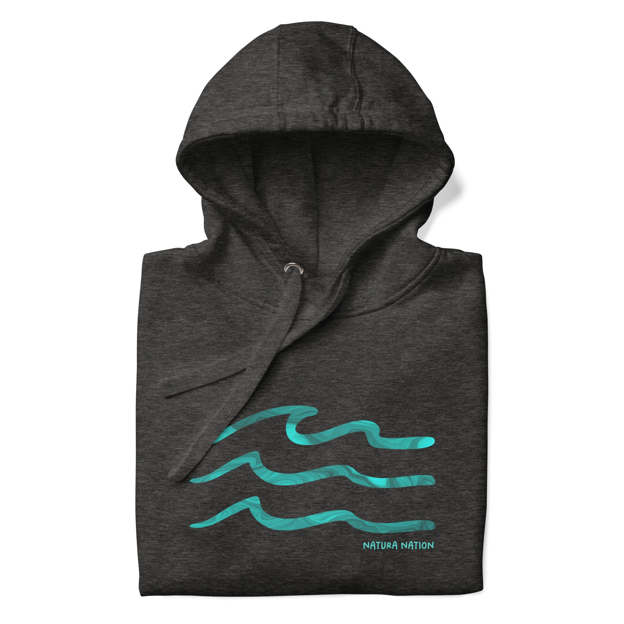 'Serenity Waves' Charcoal Heather Nature Hoodie: Your soft Nature Clothing choice for tranquil seaside evenings.