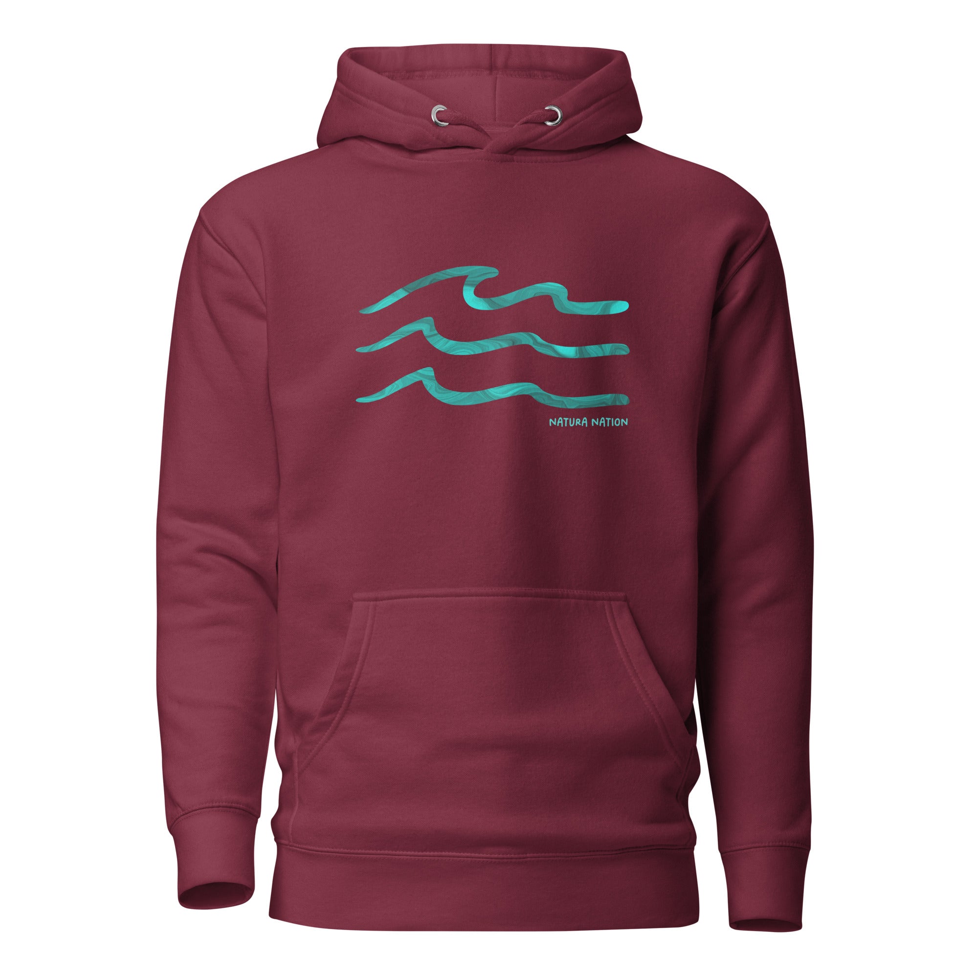 Maroon Ocean Hoodie with the 'Serenity Waves' design. A deep Ocean Clothing piece for tranquil seas.