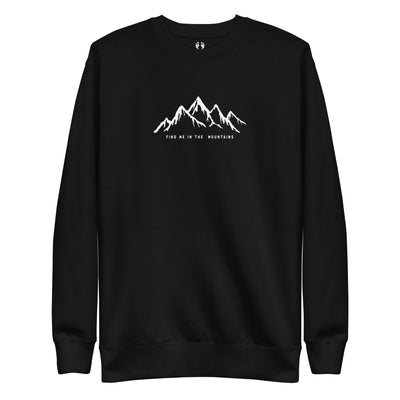 Black Mountain Sweatshirt featuring 'Find Me In The Mountains' design. A sleek piece of Mountain Clothing for every adventurer.