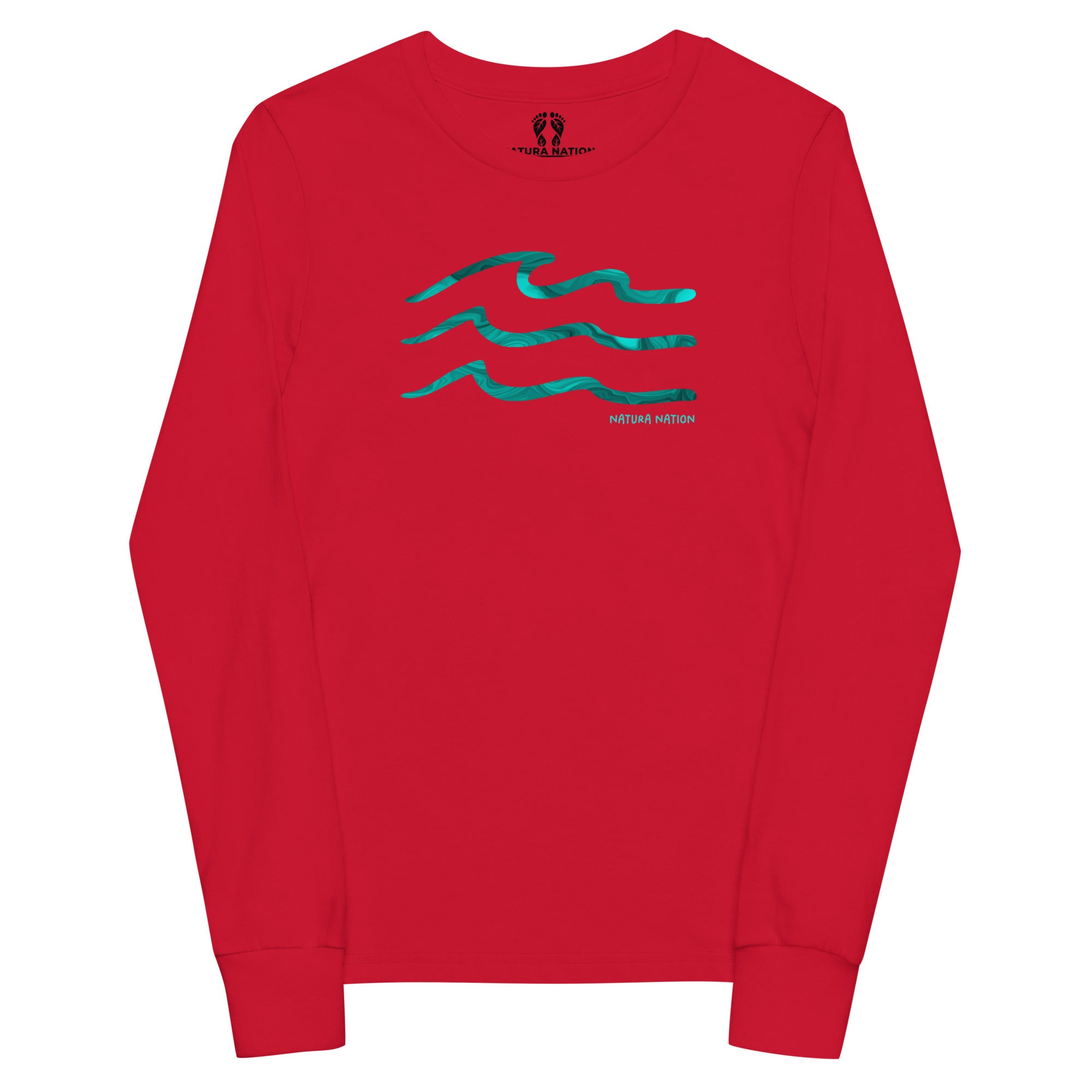 A red long-sleeve crewneck sweatshirt with three teal wavy lines and the text 'NATURA NATION' printed on the chest, displayed on a solid white background. Kids nature long sleeve T-shirt with sea waves for beach lovers.