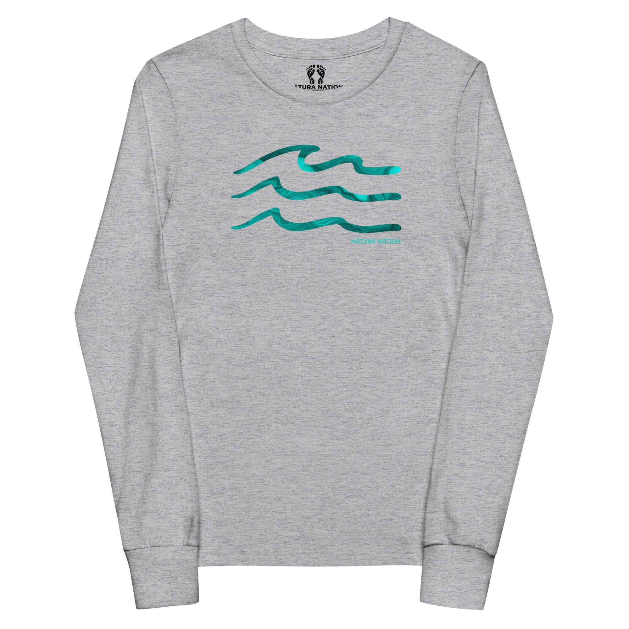 An athletic gray long-sleeve crewneck shirt with three teal wavy lines printed across the chest, displayed on a solid white background. Kids nature long sleeve T-shirt with sea waves for beach lovers.