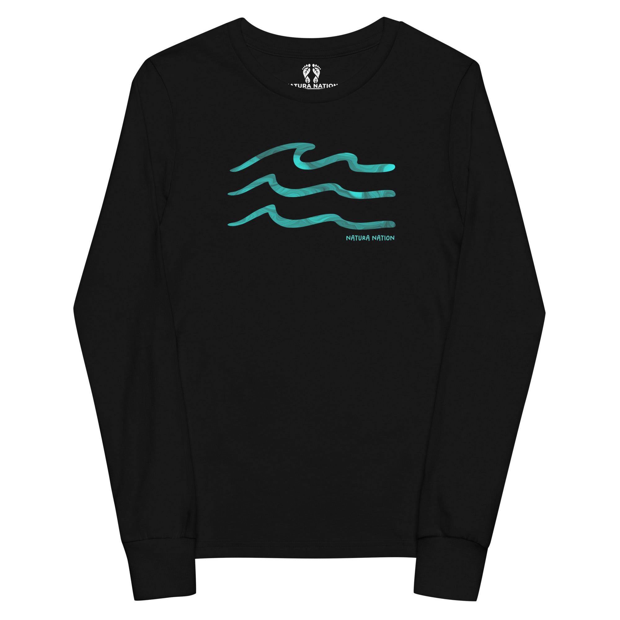 A black long-sleeve crewneck shirt with three wavy teal lines and the text 'NATURA NATION' printed on the chest, displayed against a solid white background. Youth graphic long sleeve T-shirt with an ocean wave print, front view.