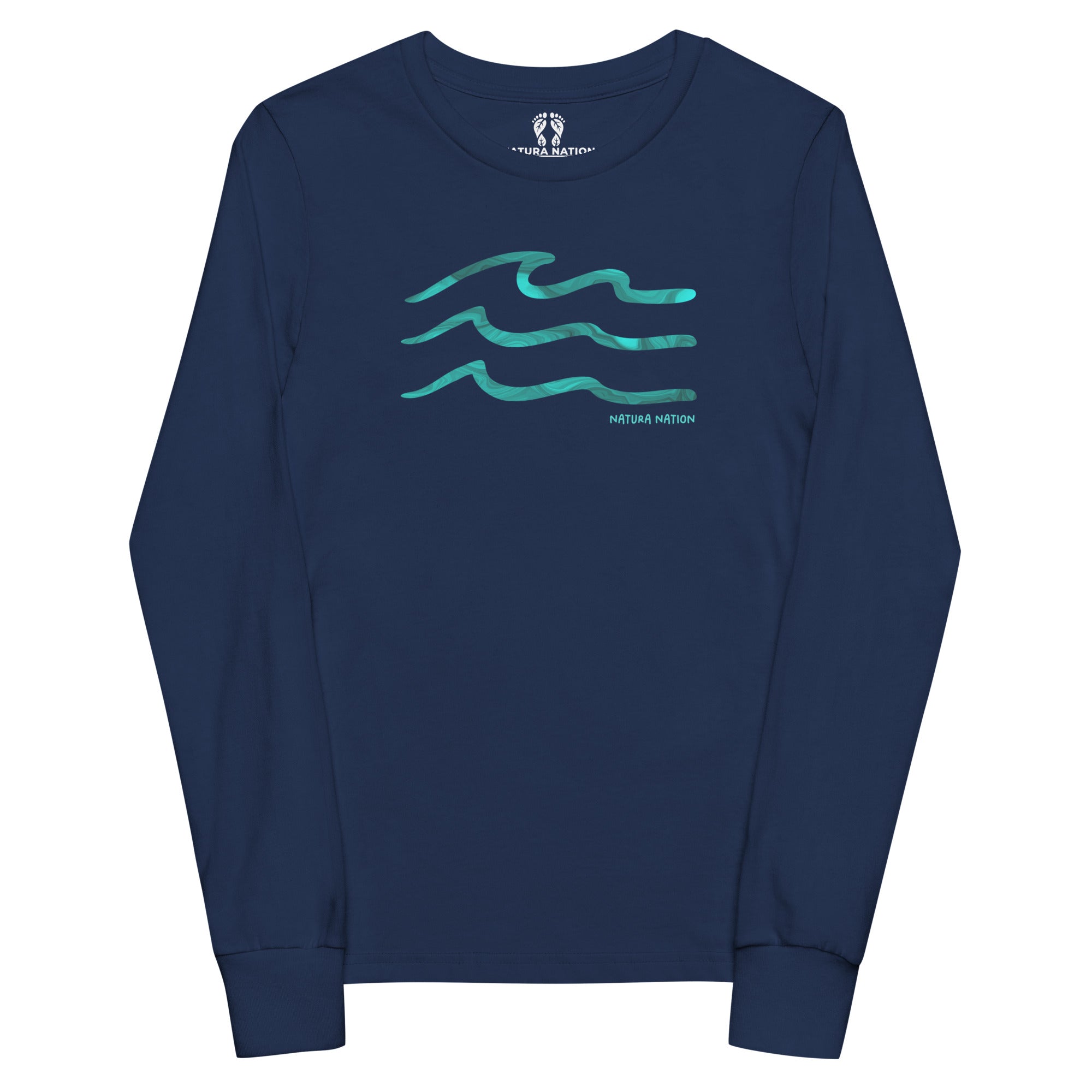 A navy blue long-sleeve t-shirt with a teal graphic of three wavy lines and the text 'NATURA NATION' on the chest, displayed on a solid white background. Youth ocean long sleeve T-shirt with a rolling wave design for kids.
