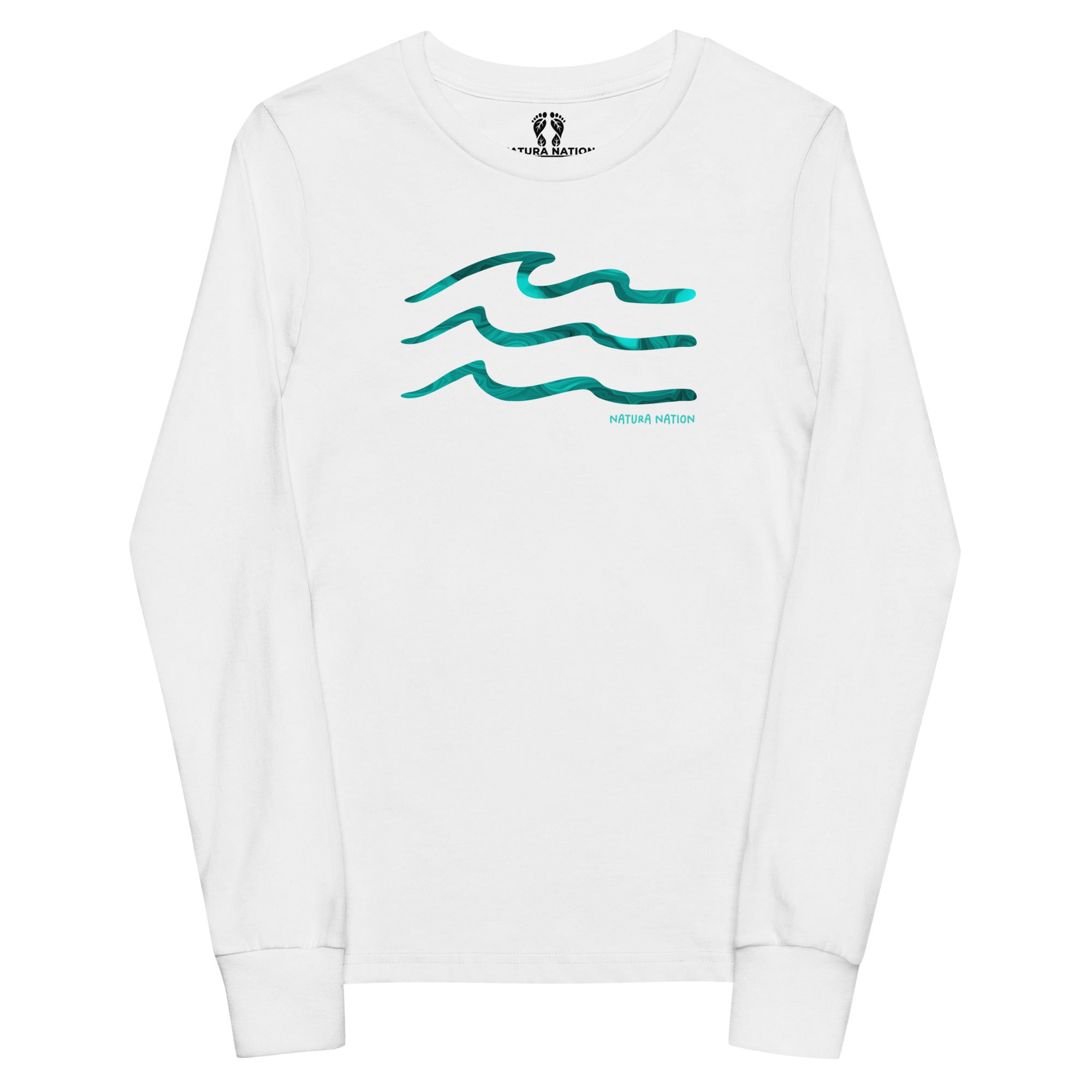 A white long-sleeve crewneck t-shirt with a teal wavy graphic and the text 'NATURA NATION' printed on the chest, displayed on a clean white background. Teen ocean long sleeve tee with waves, soft and breathable for cooler days.