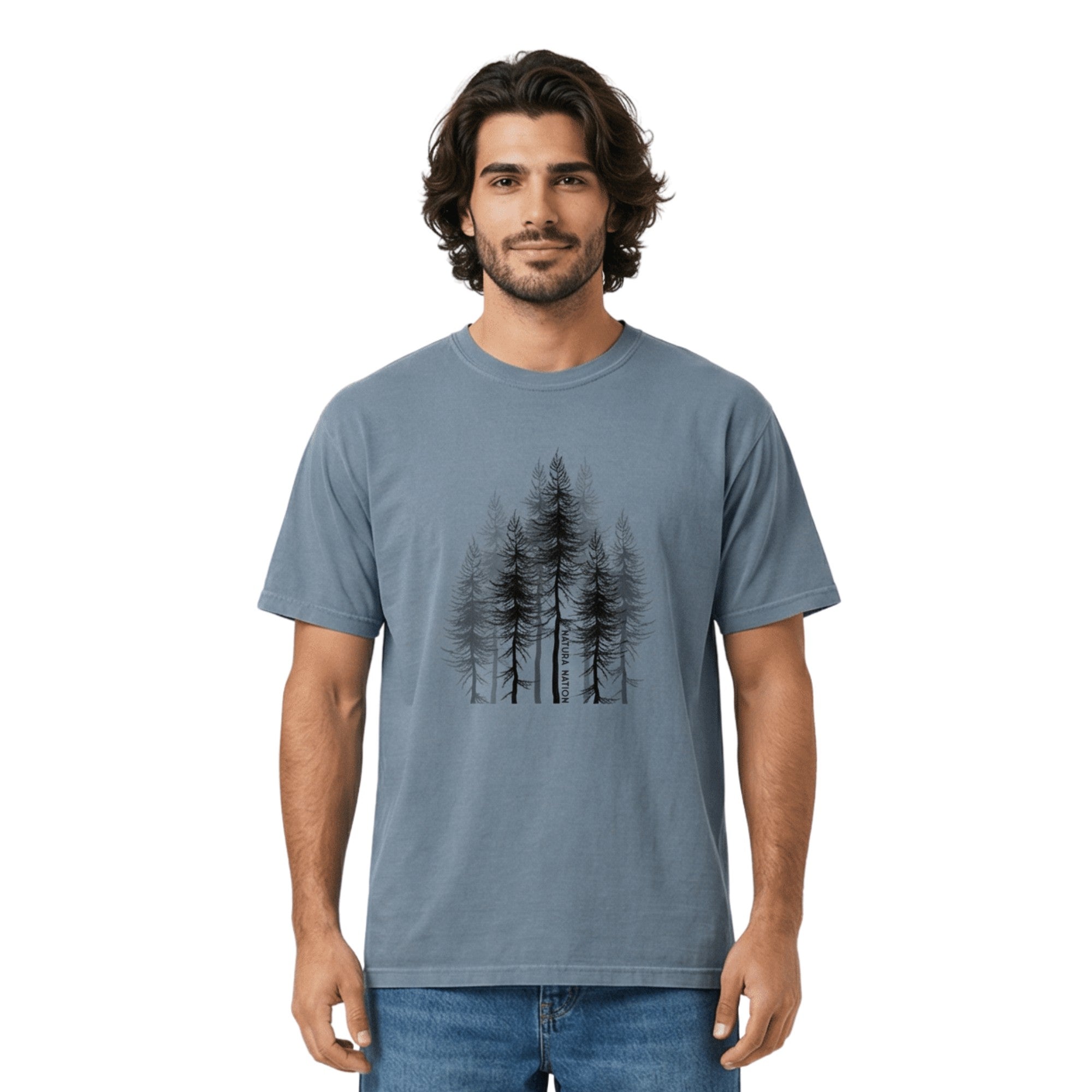 Man wearing a Blue Jean Crew Neck T-Shirt with the iconic Pine Trees design by Natura Nation. 