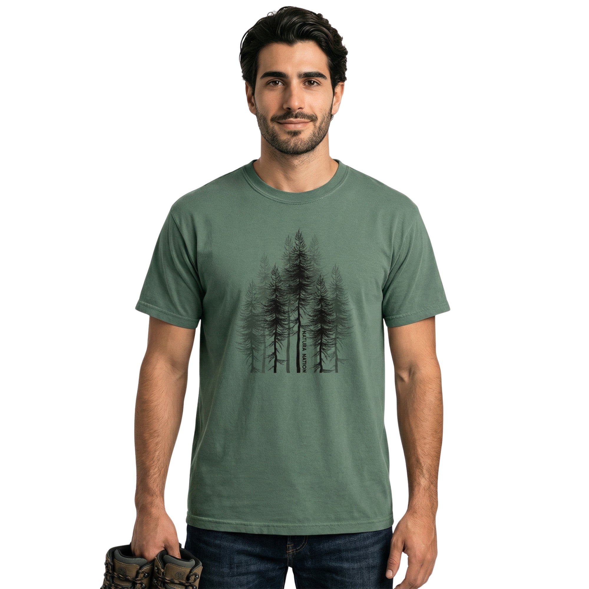 Man wearing a Blue Spruce Crew Neck T-Shirt with the iconic Pine Trees design by Natura Nation. 