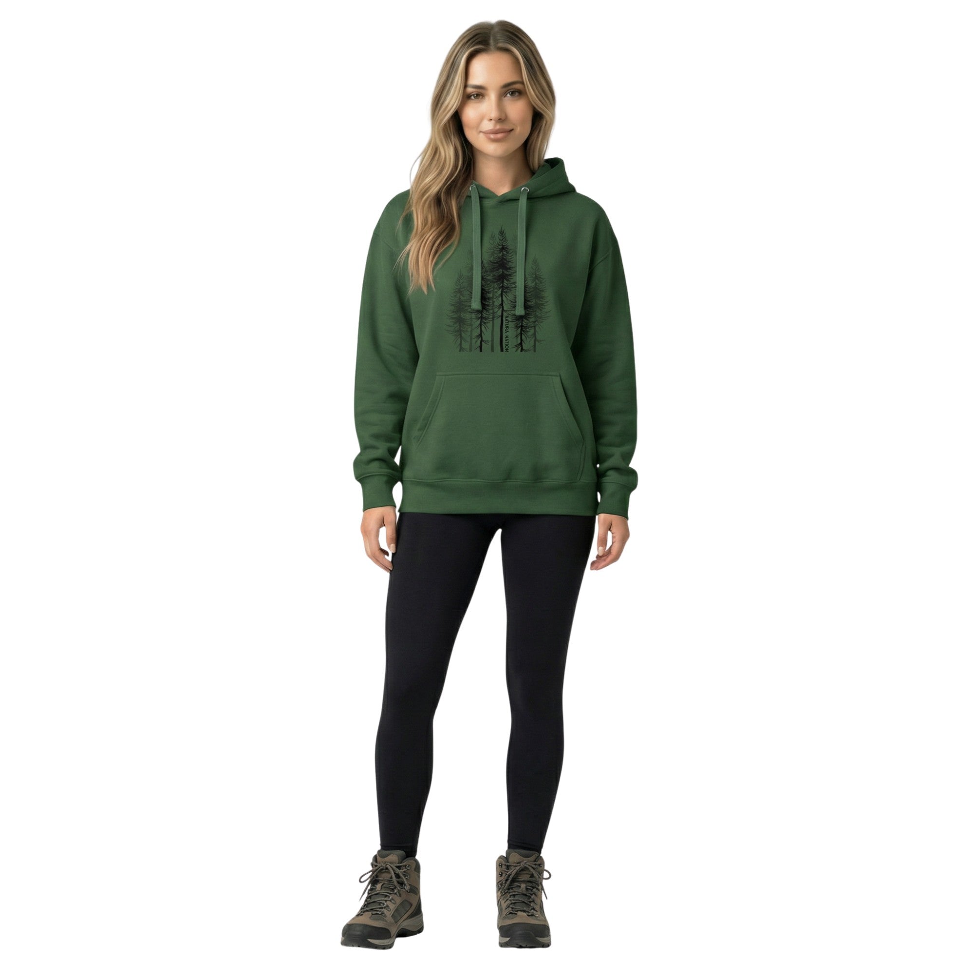 Woman wearing a forest green pullover hoodie featuring a pine tree graphic. Soft, cozy and durable nature hoodie, perfect for nature clothing enthusiasts, made by Natura Nation.