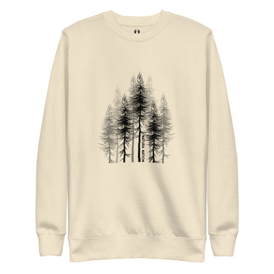 Bone Crew Neck Sweatshirt featuring the Whispering Forest Pines tree design.