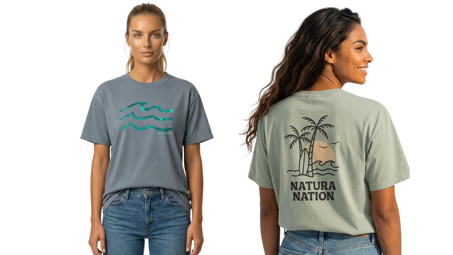 Women's T-Shirts - Two women wearing t-shirts with 'Natura Nation' branding on a white background.
