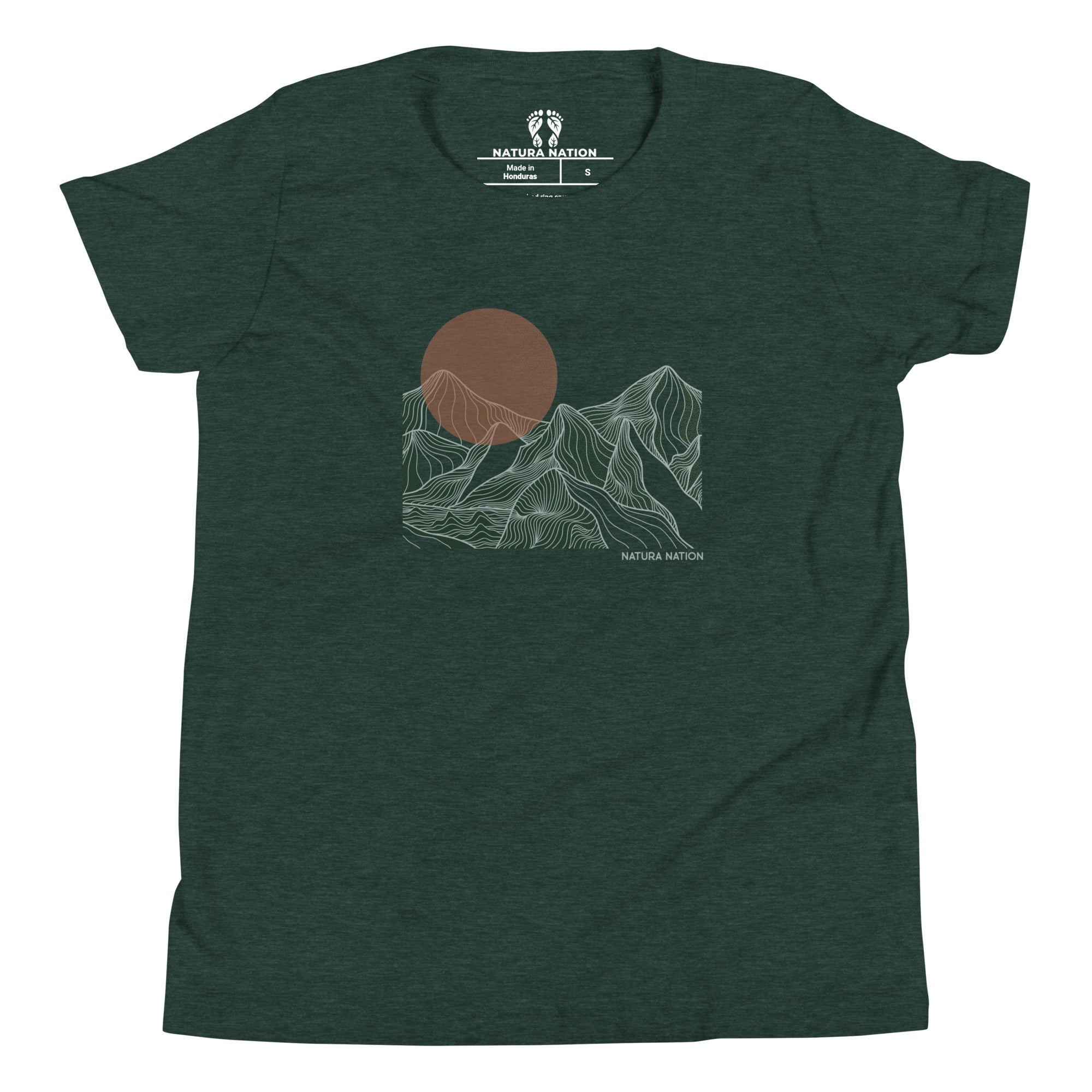 Youth cotton t-shirt with a mountain peaks graphic. A dark heather green short-sleeve t-shirt with a minimalist mountain and sun graphic on the chest, featuring the 'Natura Nation' logo printed inside the collar and on the graphic.