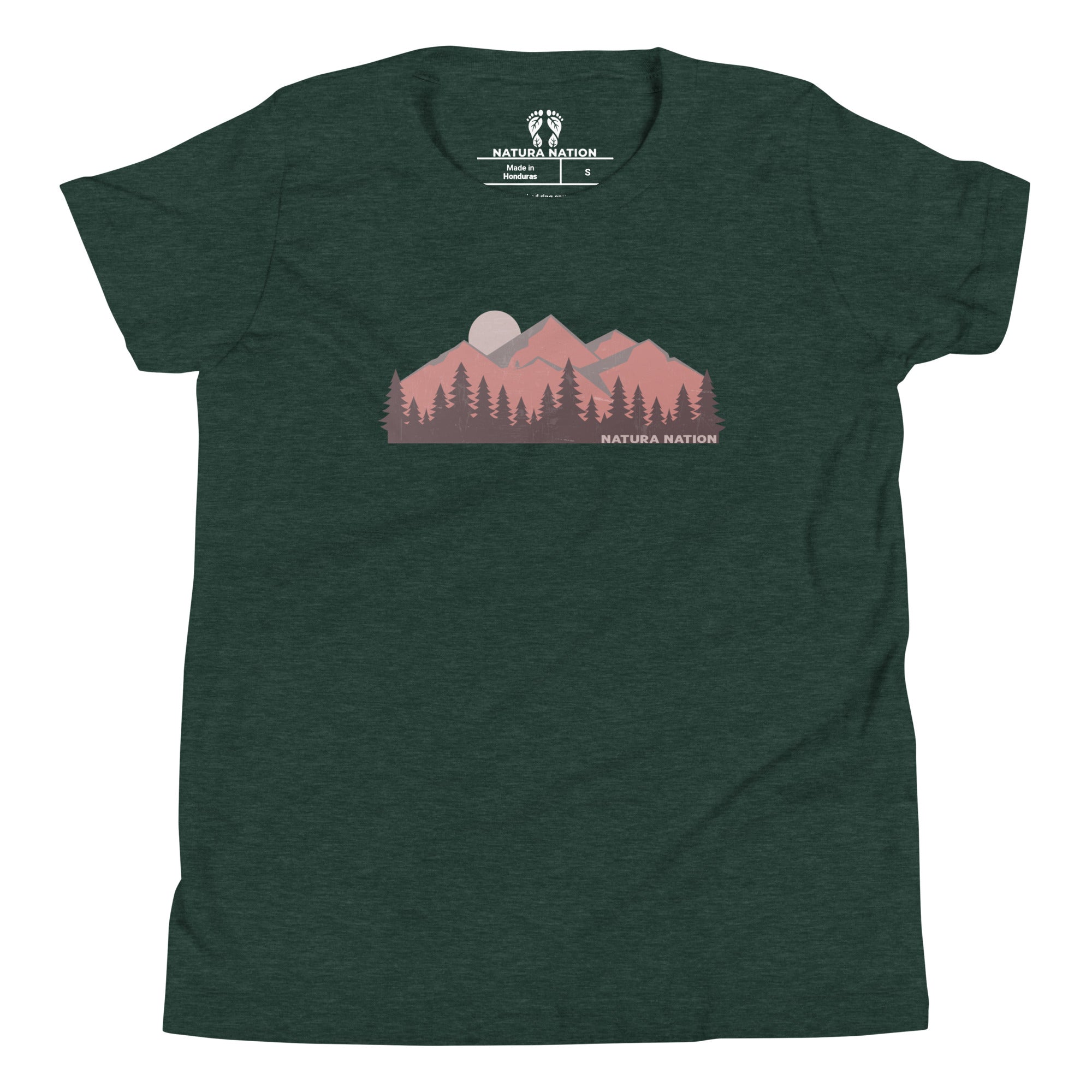 Youth cotton t-shirt with a mountain peaks graphic. A dark heather green short-sleeve t-shirt with a graphic of a mountain range, pine trees, and a moon on the chest, featuring the 'Natura Nation' brand logo printed inside the collar and on the graphic.