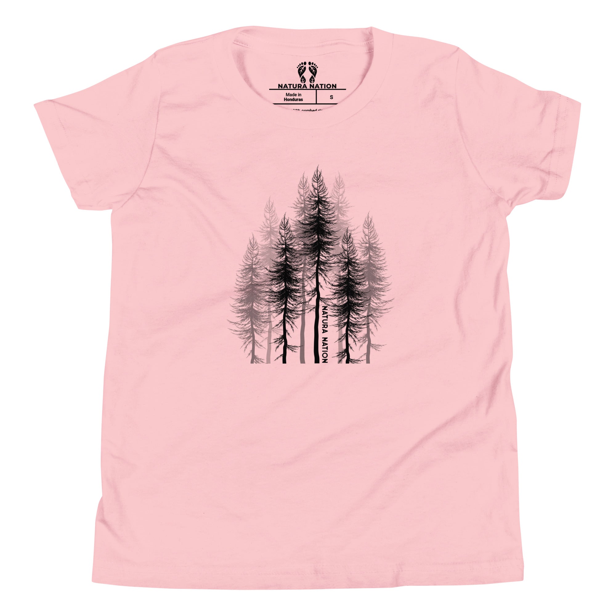 Youth graphic tee with tall pine trees.