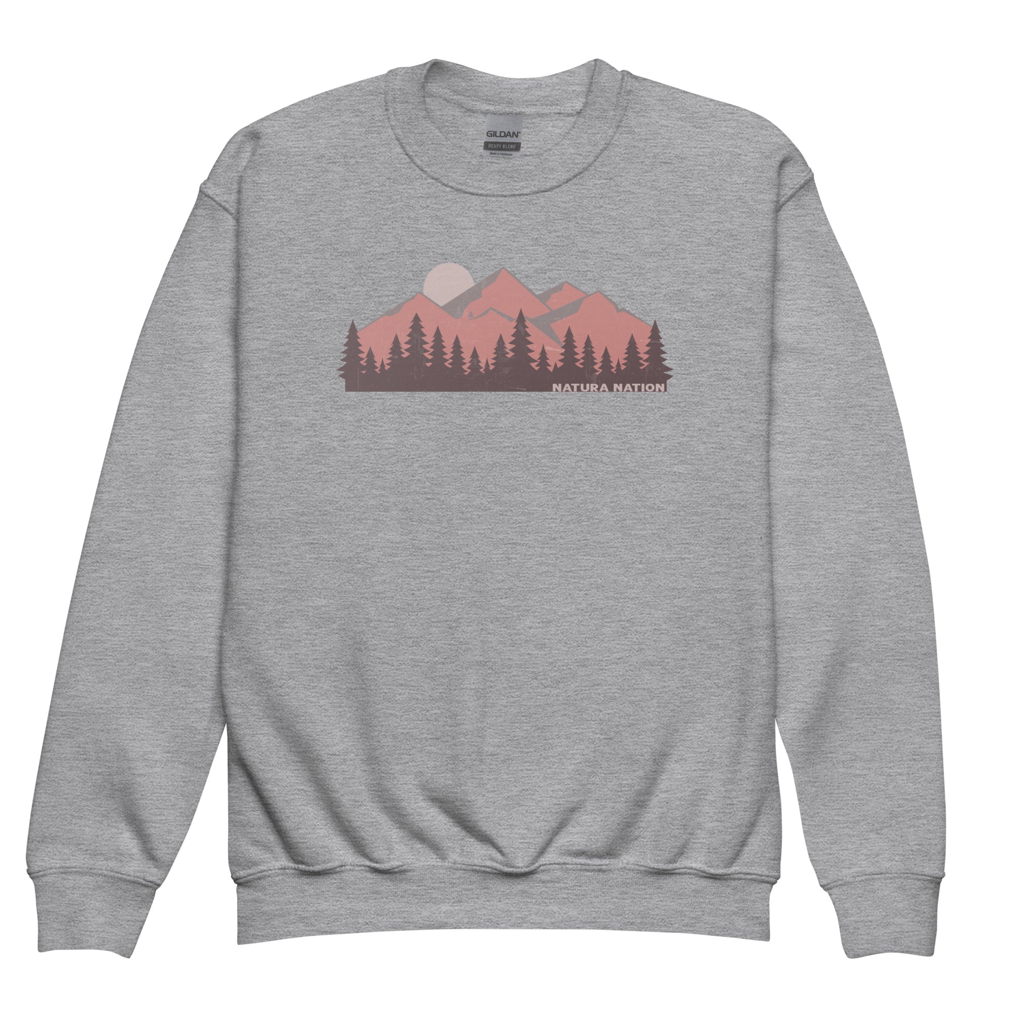 Kids graphic sweatshirt with a mountain peak print for outdoor lovers.
